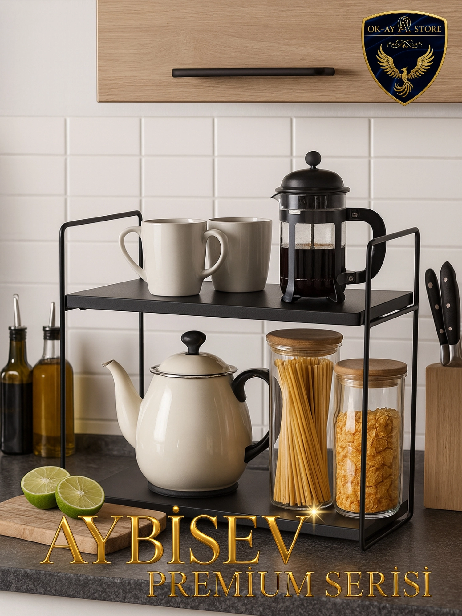 Aybisev Premium Serisi Çok Amaçlı 2 Katlı Raf – Metal Ahşap Kombinasyonu