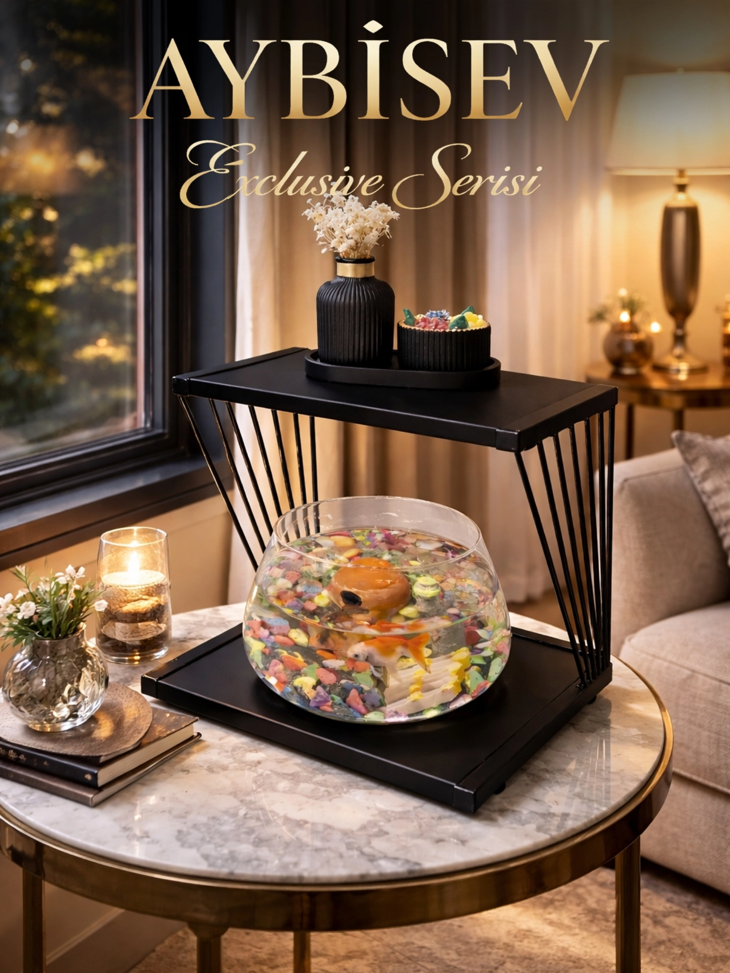  Işıklı Betta Akvaryum & Fanusu Modern Tasarım LED Aydınlatmalı Gold Temalı