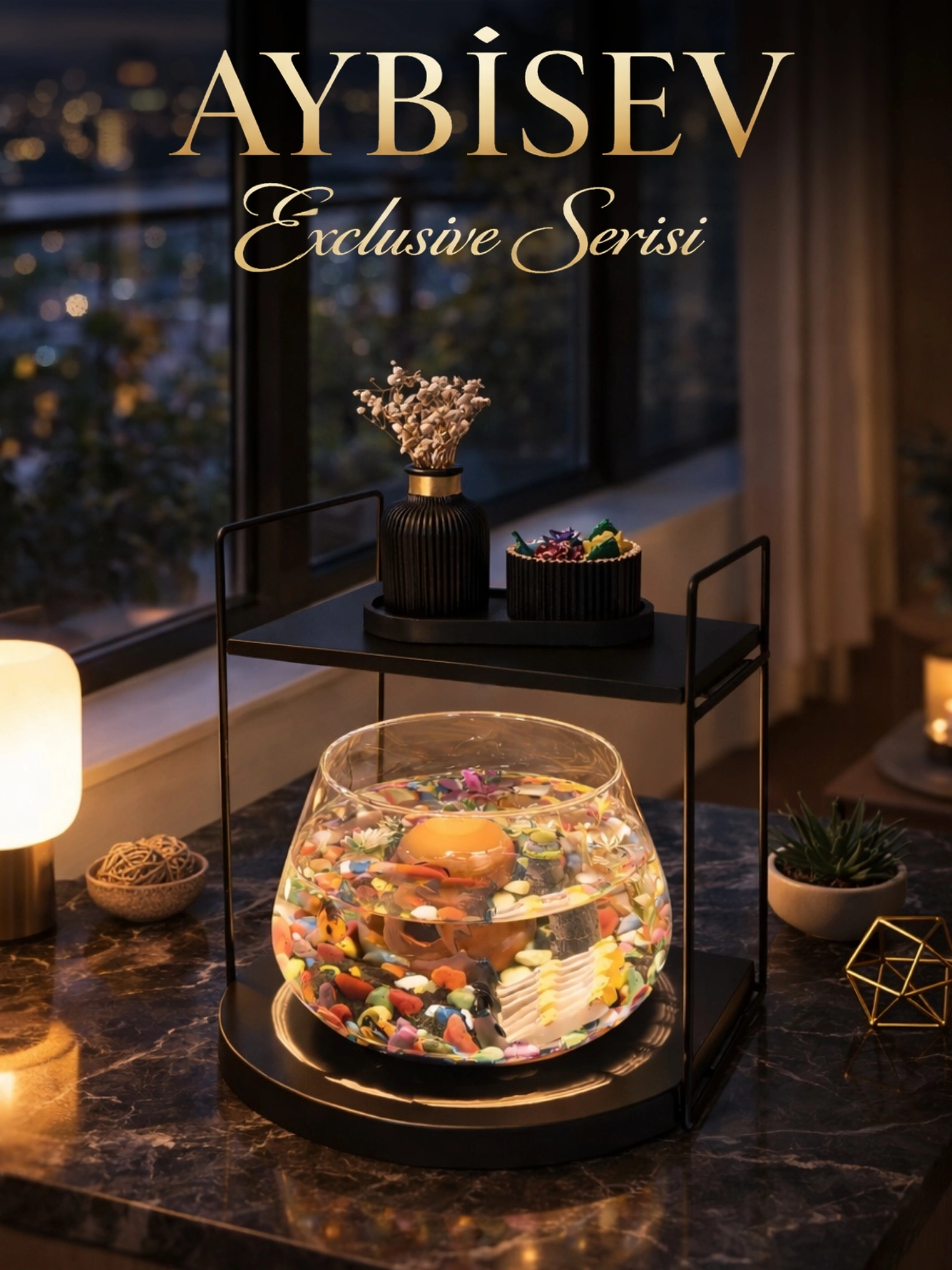 Lüks Cam Fanus İçinde Beta Balığı İçin Özel Tasarım Masa Üstü Dekoratif Akvaryum