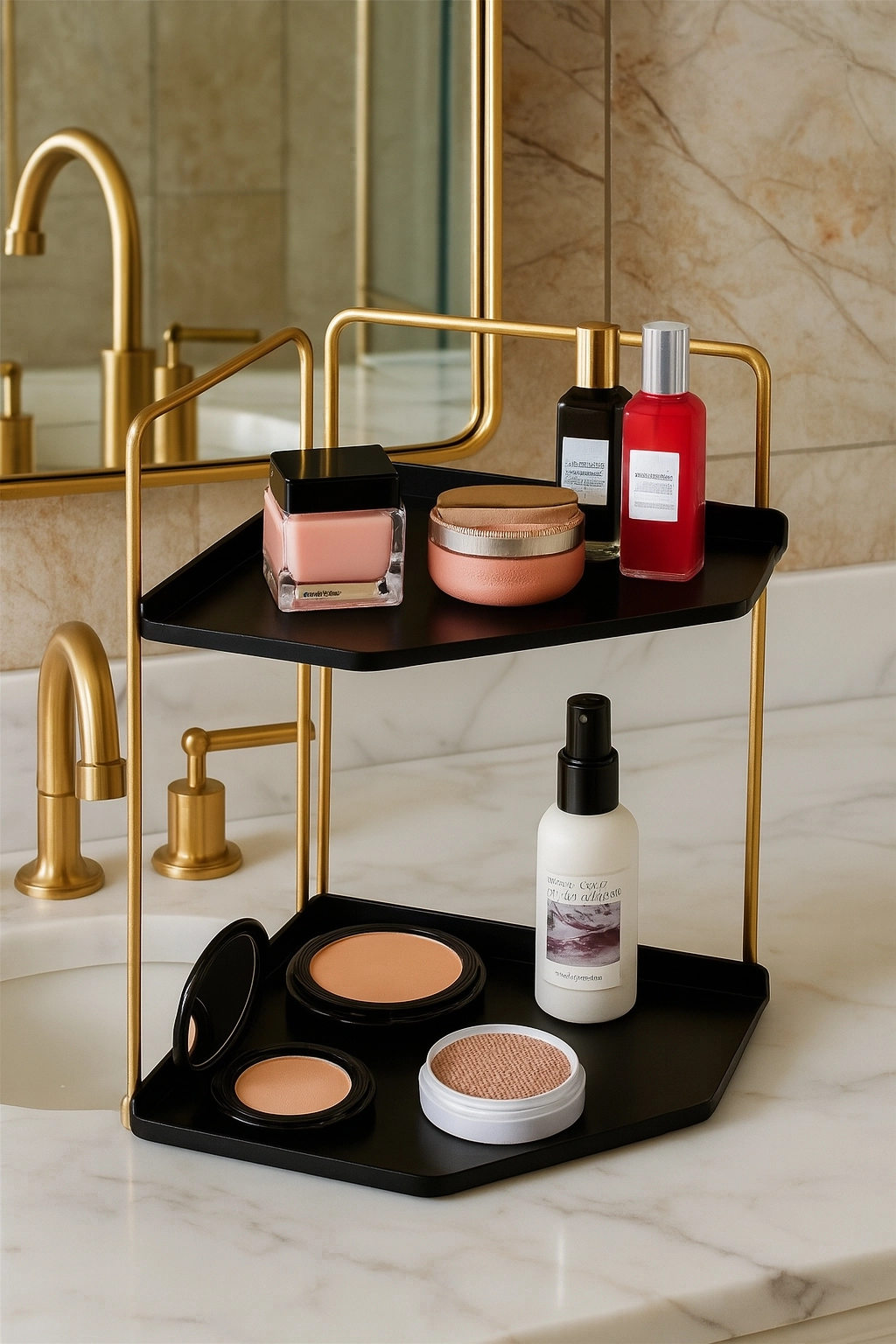 Banyo Rafı Çok Amaçlı Düzenleyici Tezgah Üstü Dekoratif 2 Katlı Raf 