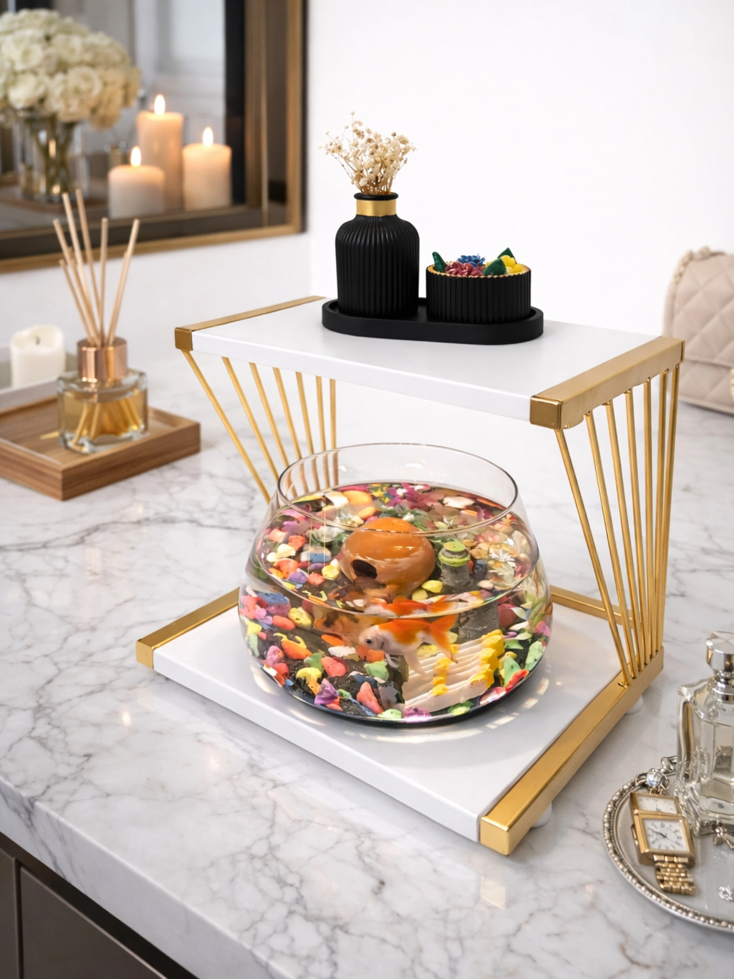 Özel Tasarım Cam Fanus Beta Balığı ile Dekoratif Akvaryum & Fanus Seti