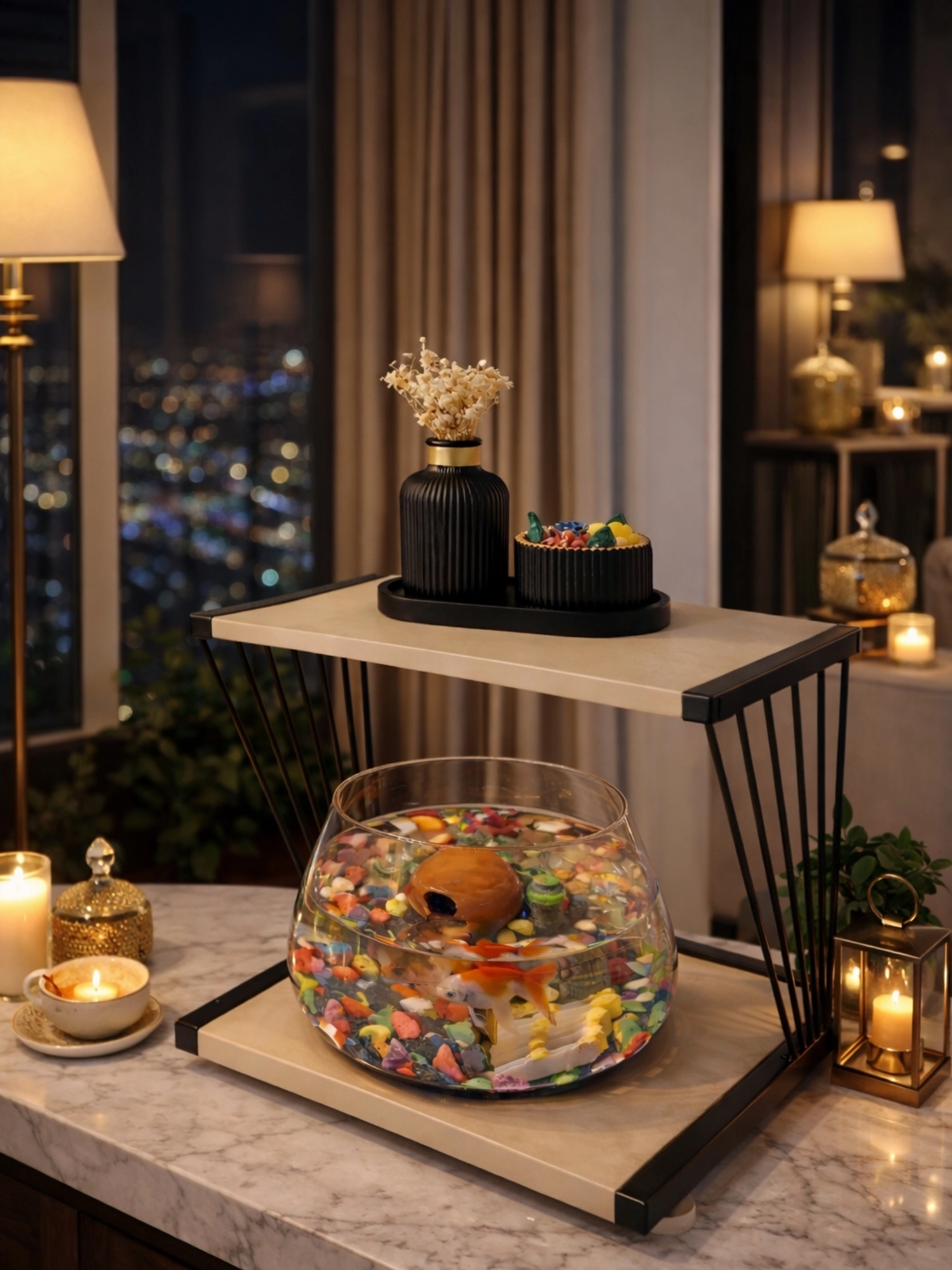 Minimal Lüks Tarzı Yansıtan Cam Fanus Beta Balığı Masa Üstü Akvaryumu