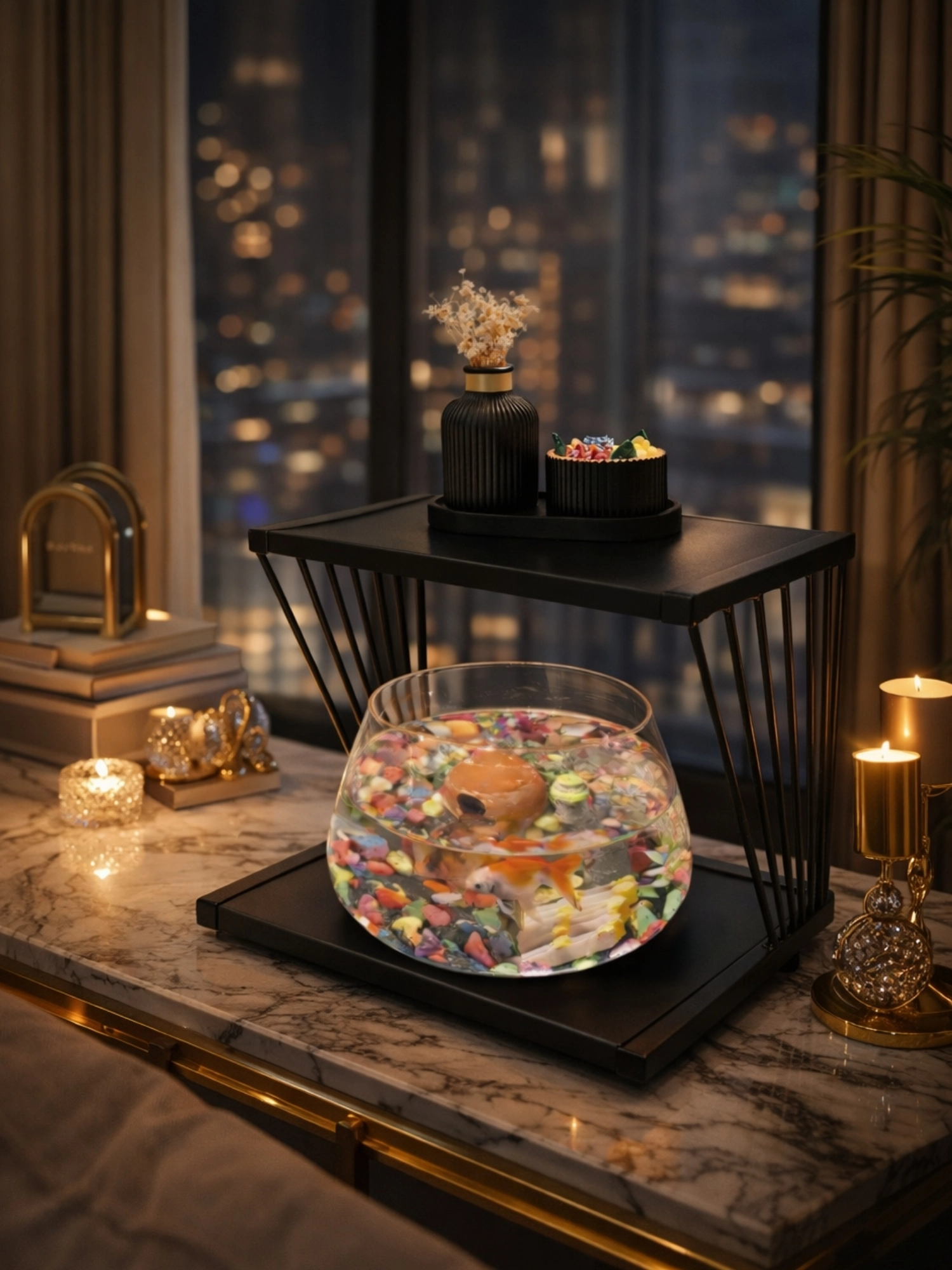  Işıklı Betta Akvaryum & Fanusu Modern Tasarım LED Aydınlatmalı Gold Temalı