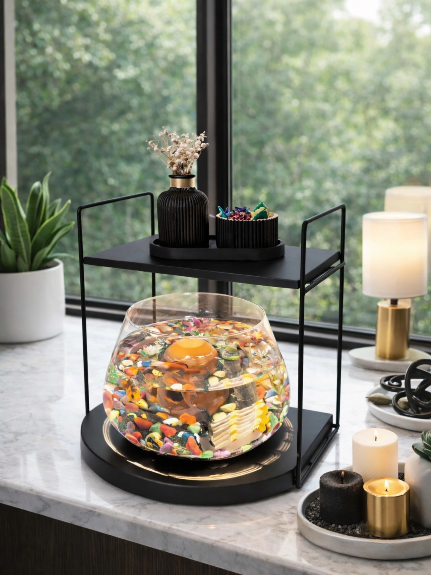 Lüks Cam Fanus İçinde Beta Balığı İçin Özel Tasarım Masa Üstü Dekoratif Akvaryum