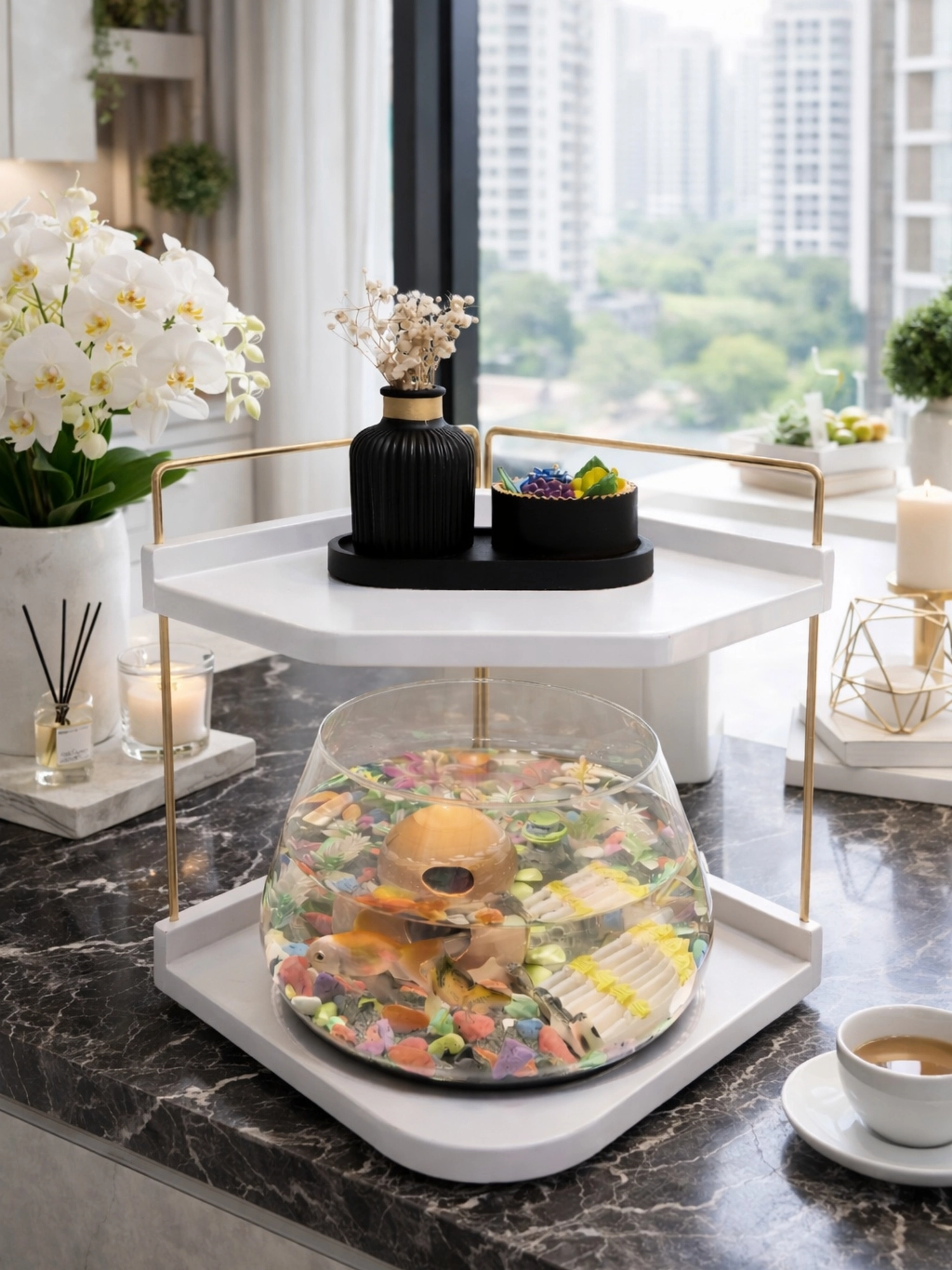 Led Işıklı Beta Akvaryumu & Fanusu, Dekoratif Masaüstü Cam Balık Fanusu Modern Tasarım