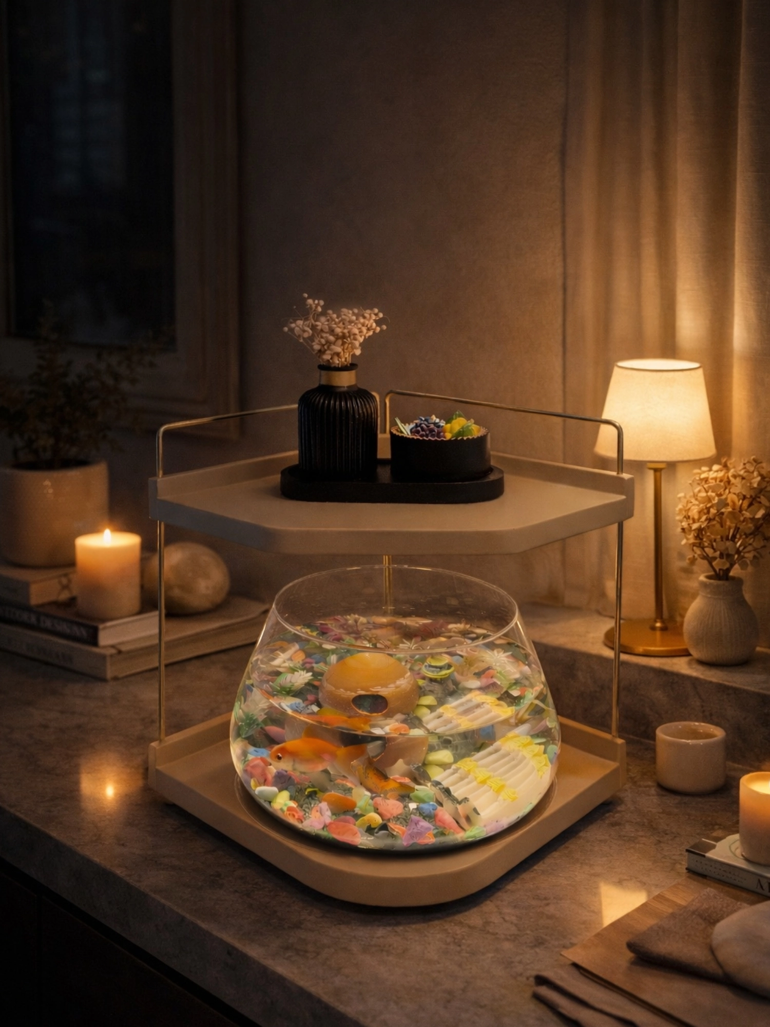 Beta Balıkları İçin Led Işıklı Dekoratif Akvaryum Fanusu Cam Tasarım