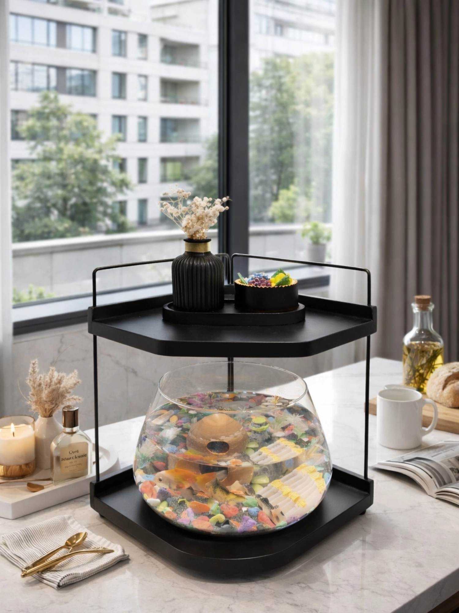 Beta Balığı İçin Led Işıklı Akvaryum Fanusu, Şık  Masaüstü Cam Tasarım