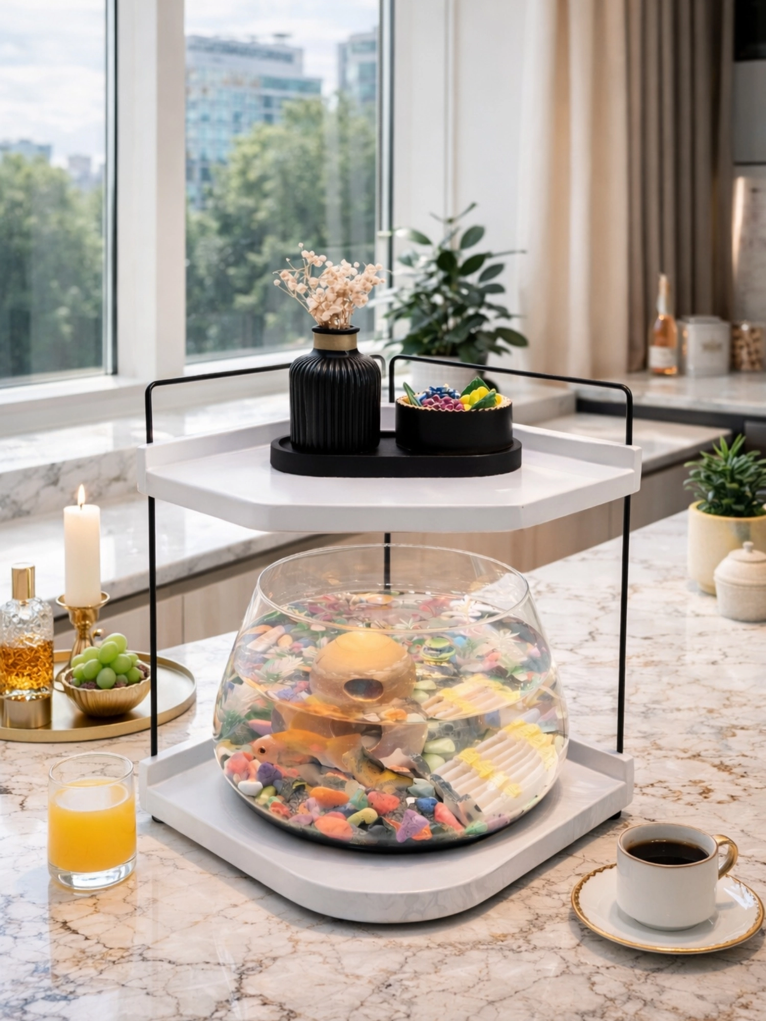 Cam Tasarımlı Led Işıklı Beta Fanusu, Dekoratif Masaüstü Akvaryum