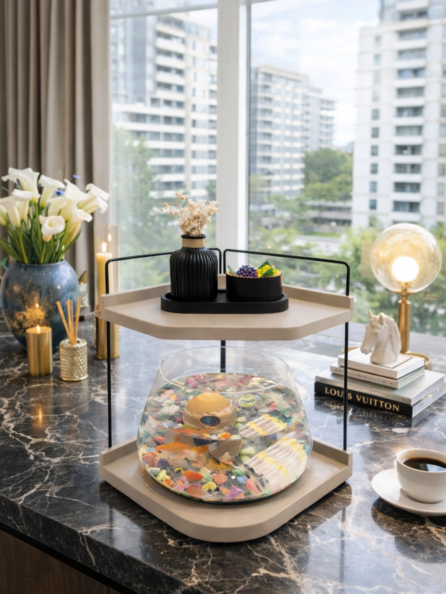  Led Işıklı Modern Cam Beta Akvaryumu, Masaüstü Dekoratif Fanus