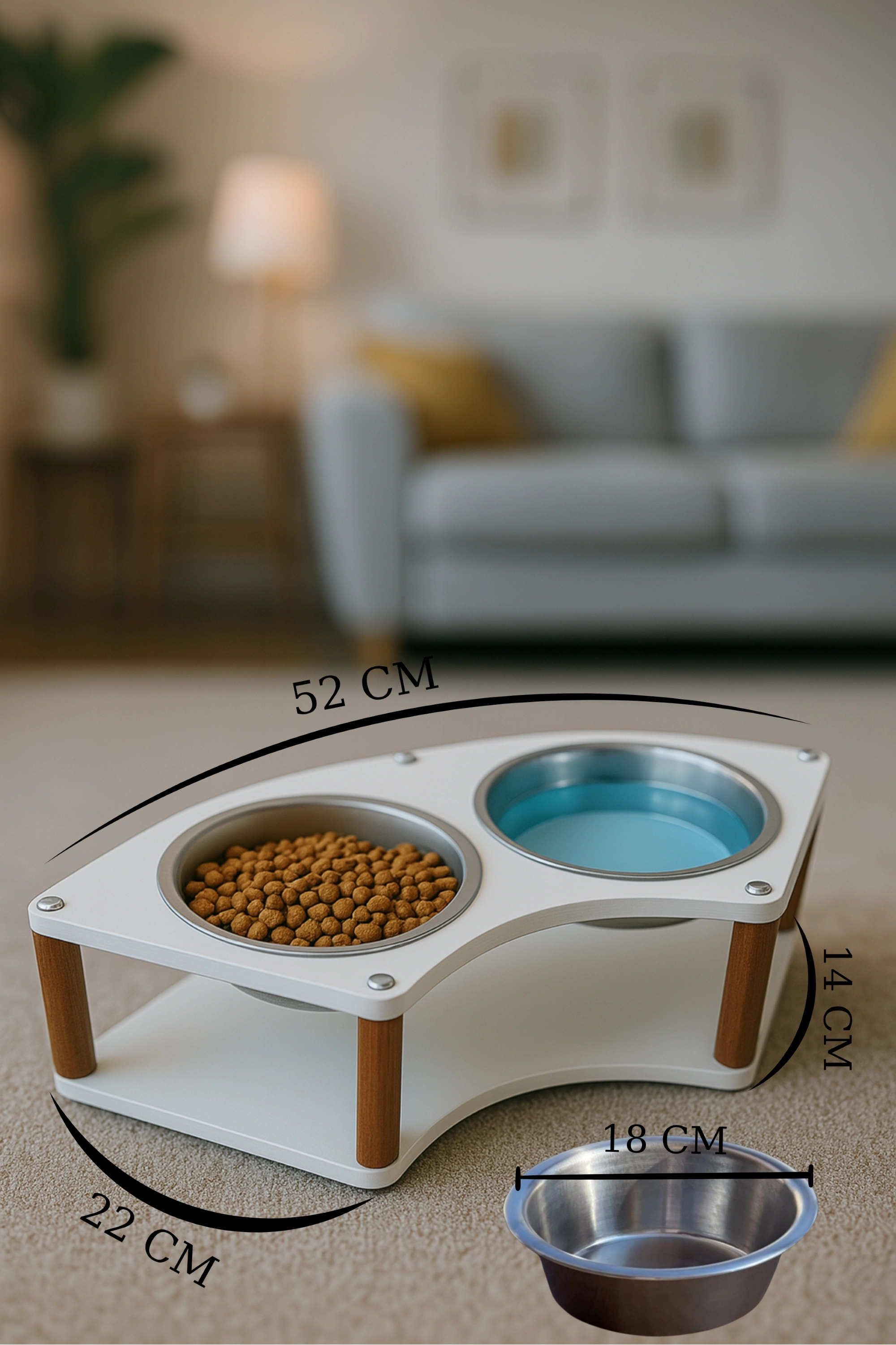  Modern Ahşap Demonte Kedi Köpek Mama Standı – 2’li Paslanmaz Çelik Kaseli Mama ve Su Standı