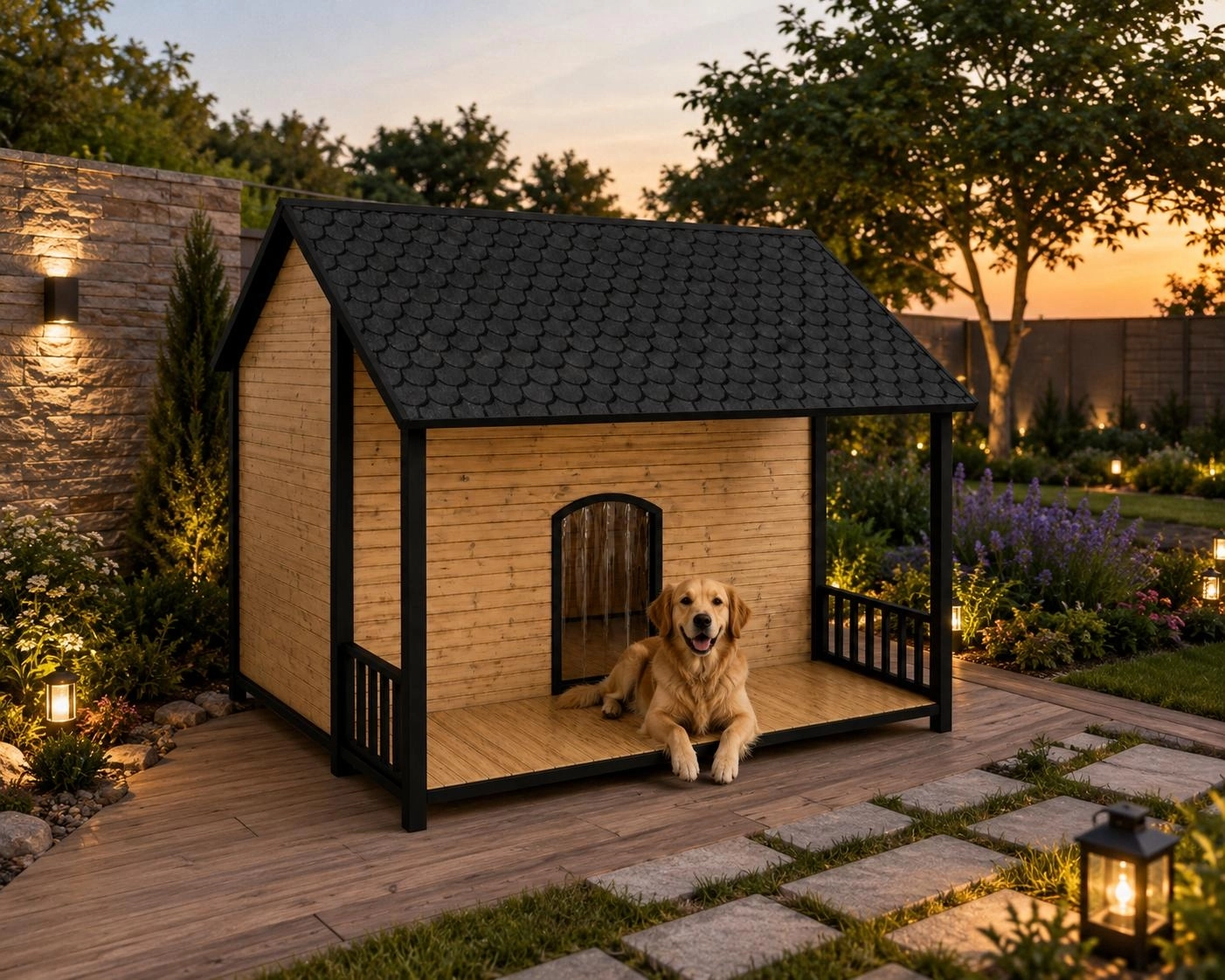 Verandalı Ahşap Köpek Kulübesi Su Geçirmez Büyük Irk Bahçe Köpek Evi Modern Tasarım