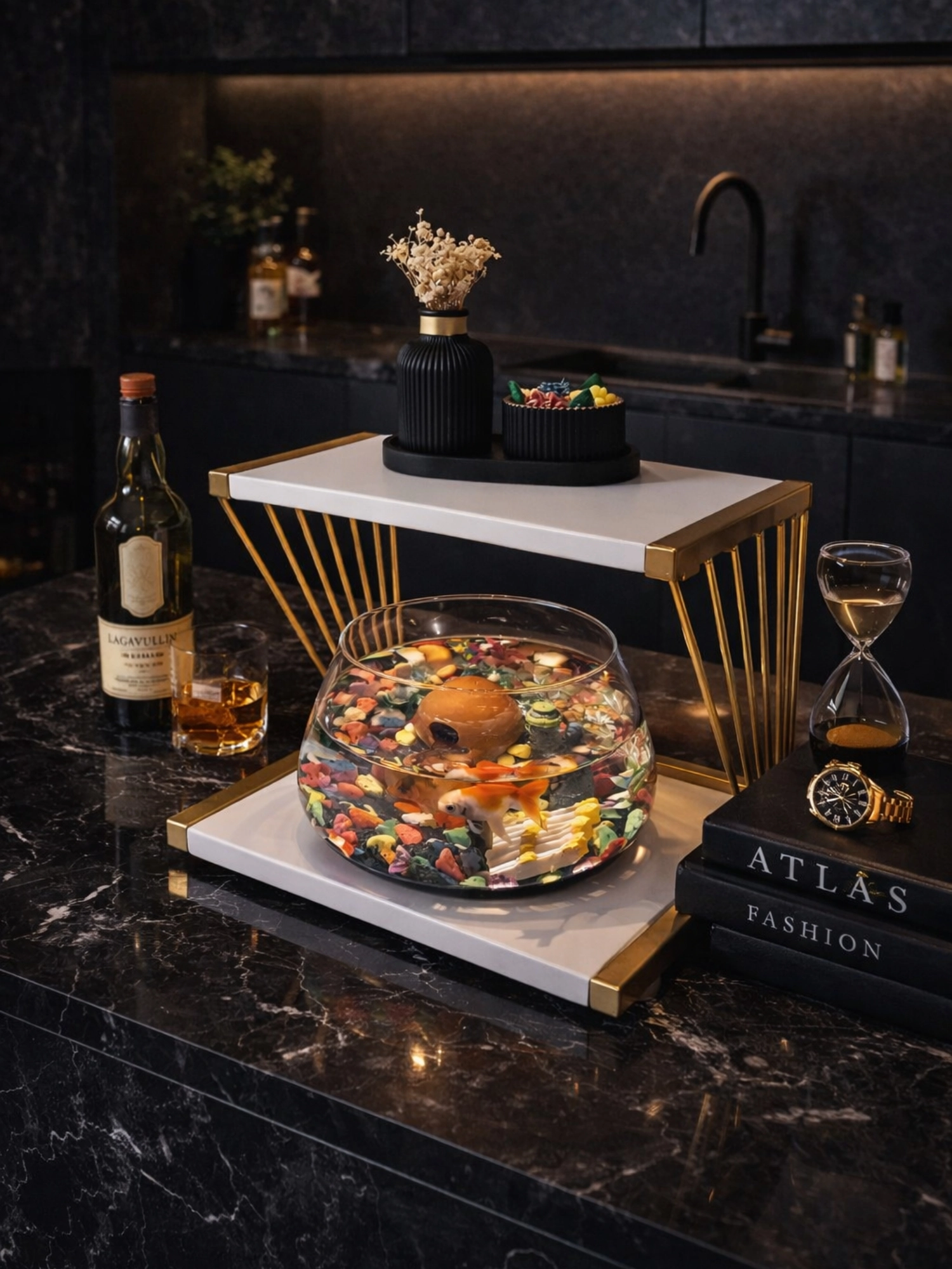 Özel Tasarım Cam Fanus Beta Balığı ile Dekoratif Akvaryum & Fanus Seti