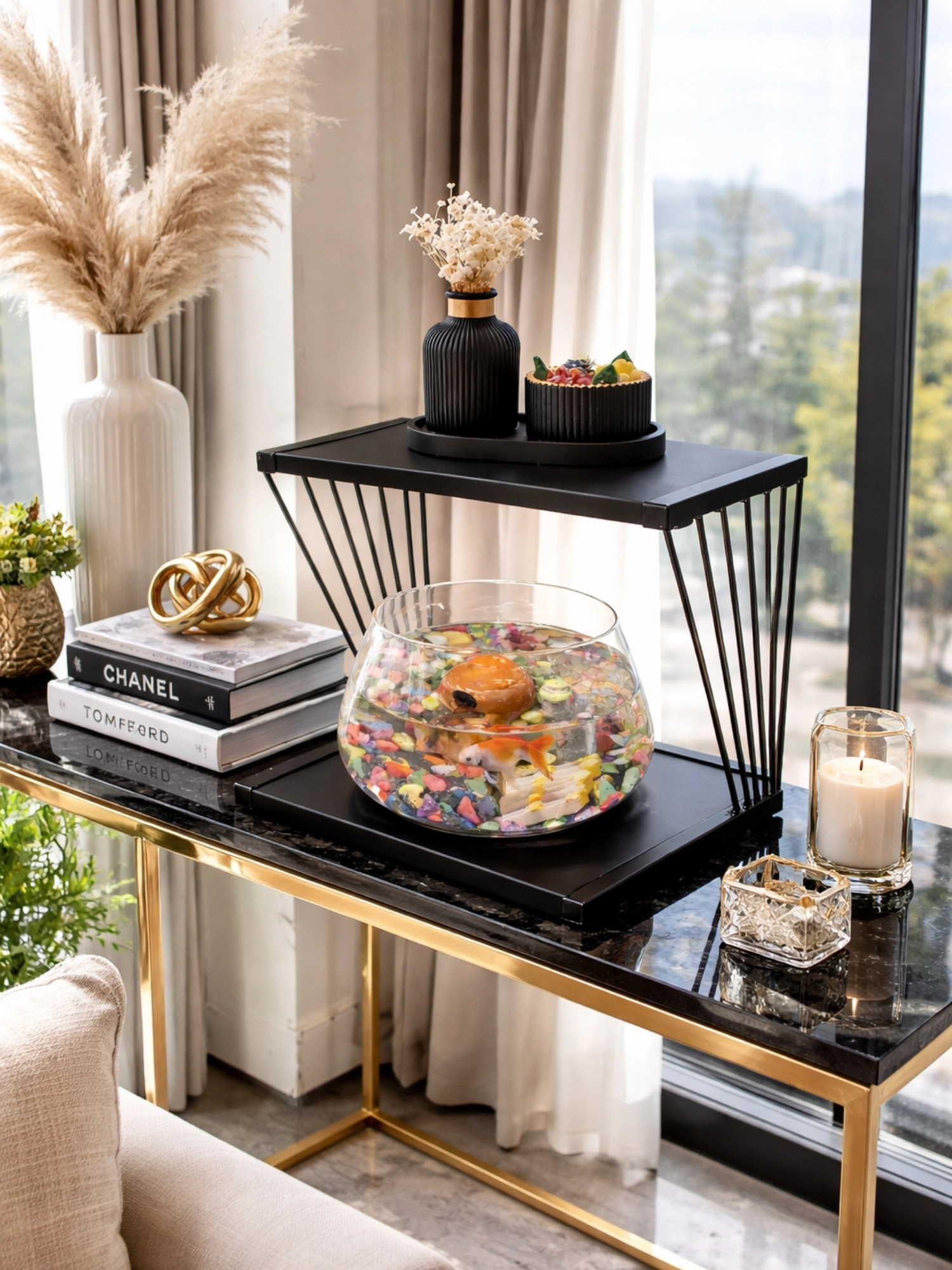  Işıklı Betta Akvaryum & Fanusu Modern Tasarım LED Aydınlatmalı Gold Temalı