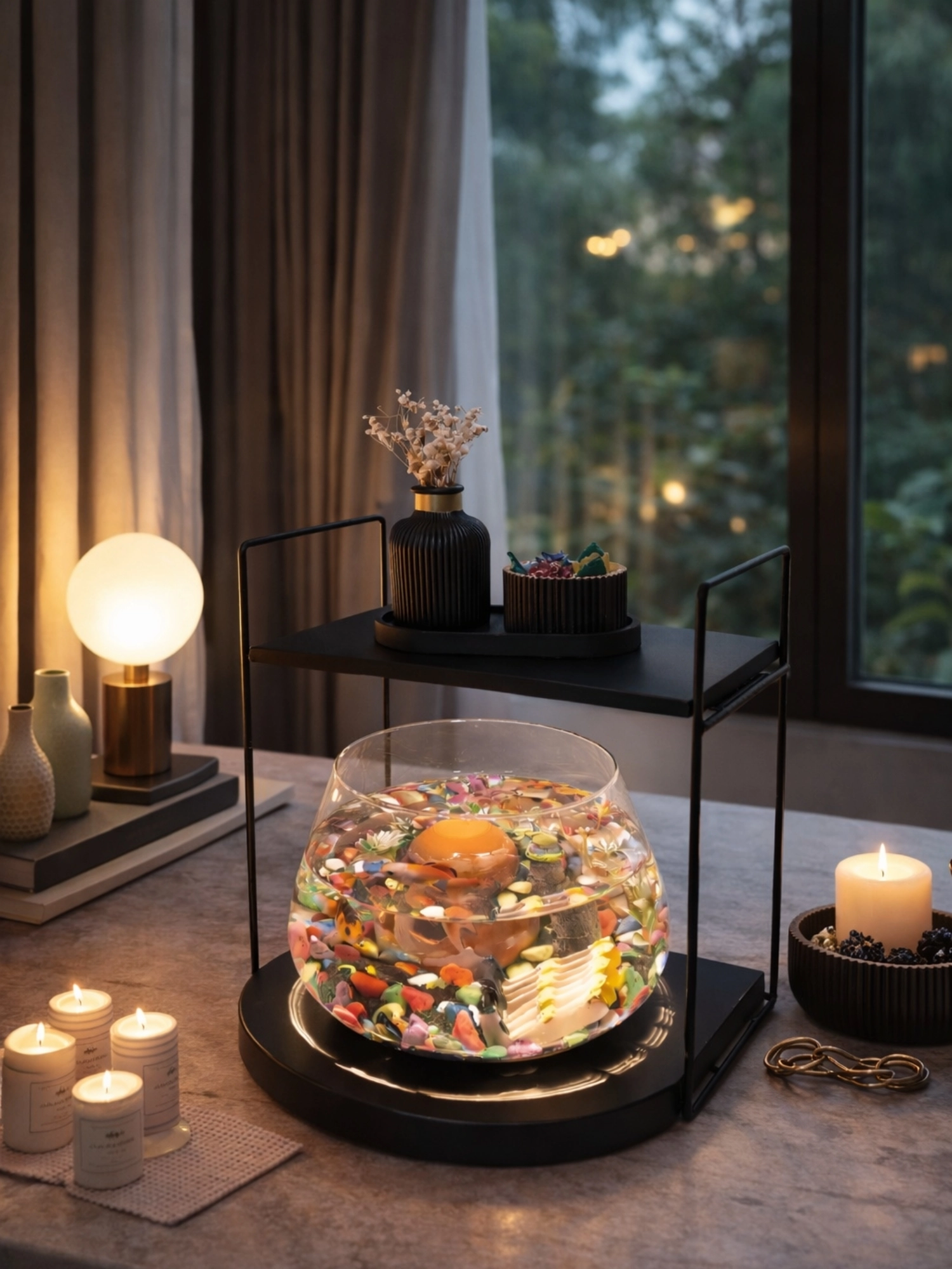 Lüks Cam Fanus İçinde Beta Balığı İçin Özel Tasarım Masa Üstü Dekoratif Akvaryum