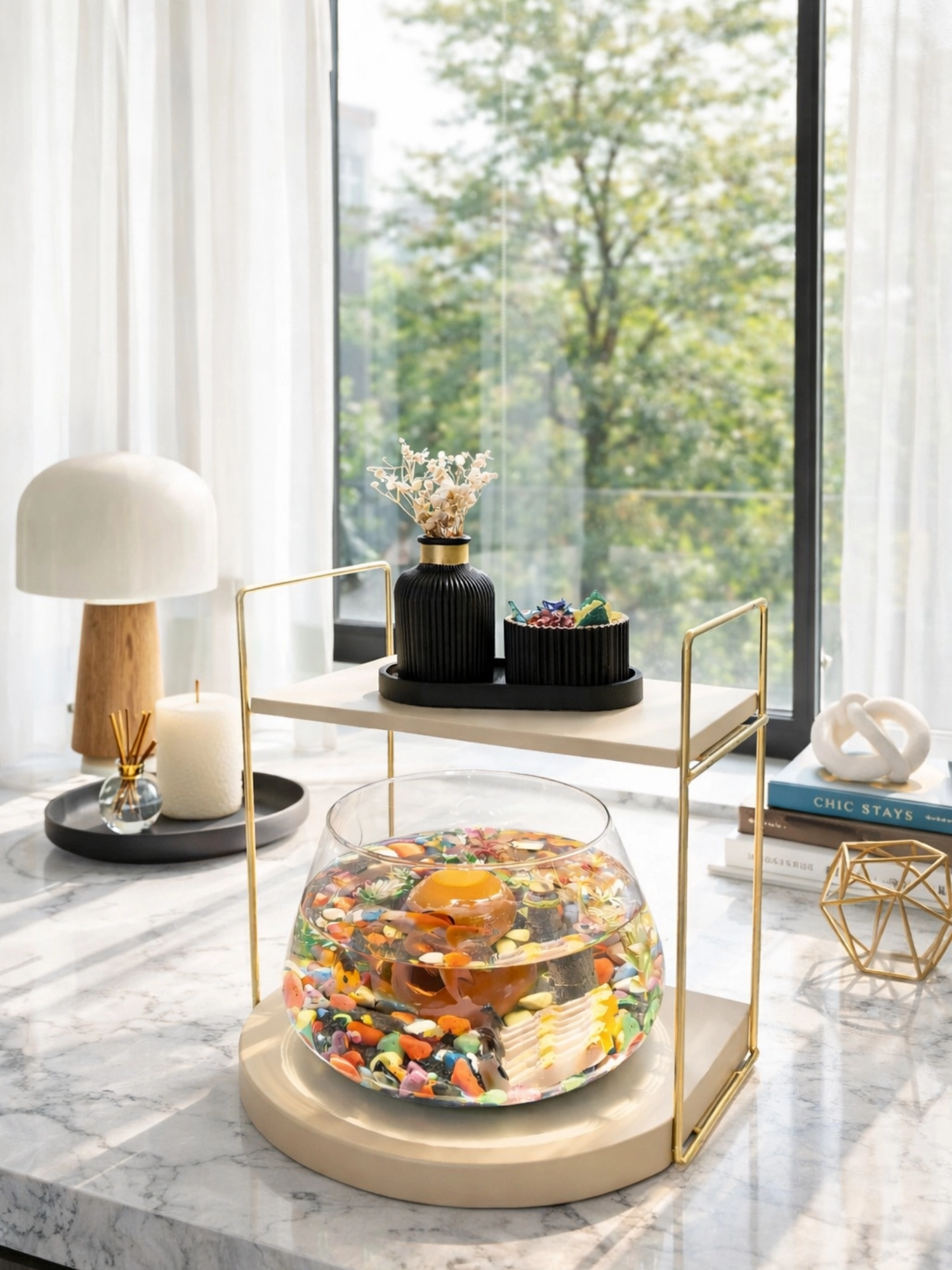 Modern ve Lüks Mekânlar İçin Cam Fanus Beta Balığı Dekoratif Akvaryum