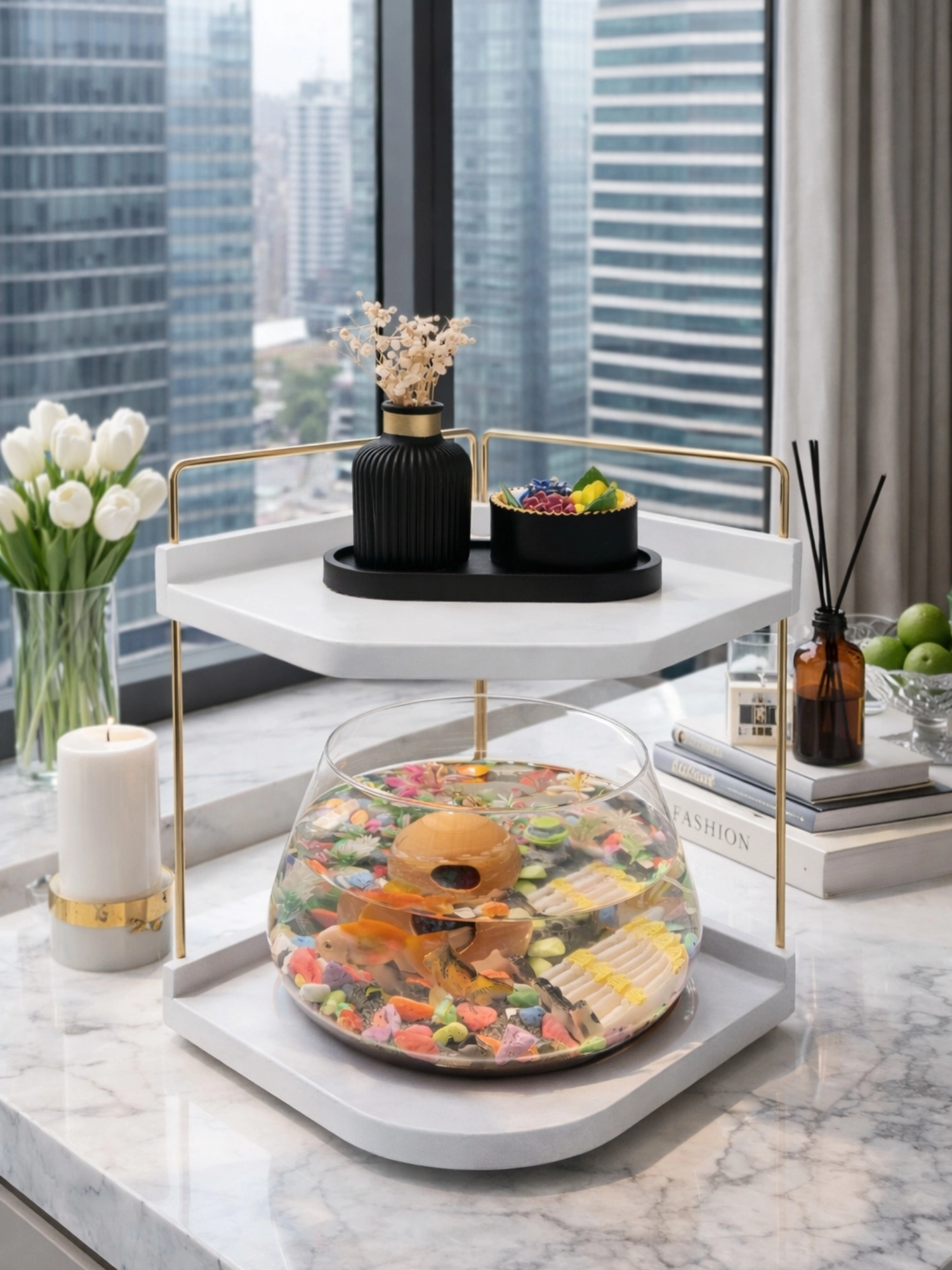 Led Işıklı Beta Akvaryumu & Fanusu, Dekoratif Masaüstü Cam Balık Fanusu Modern Tasarım