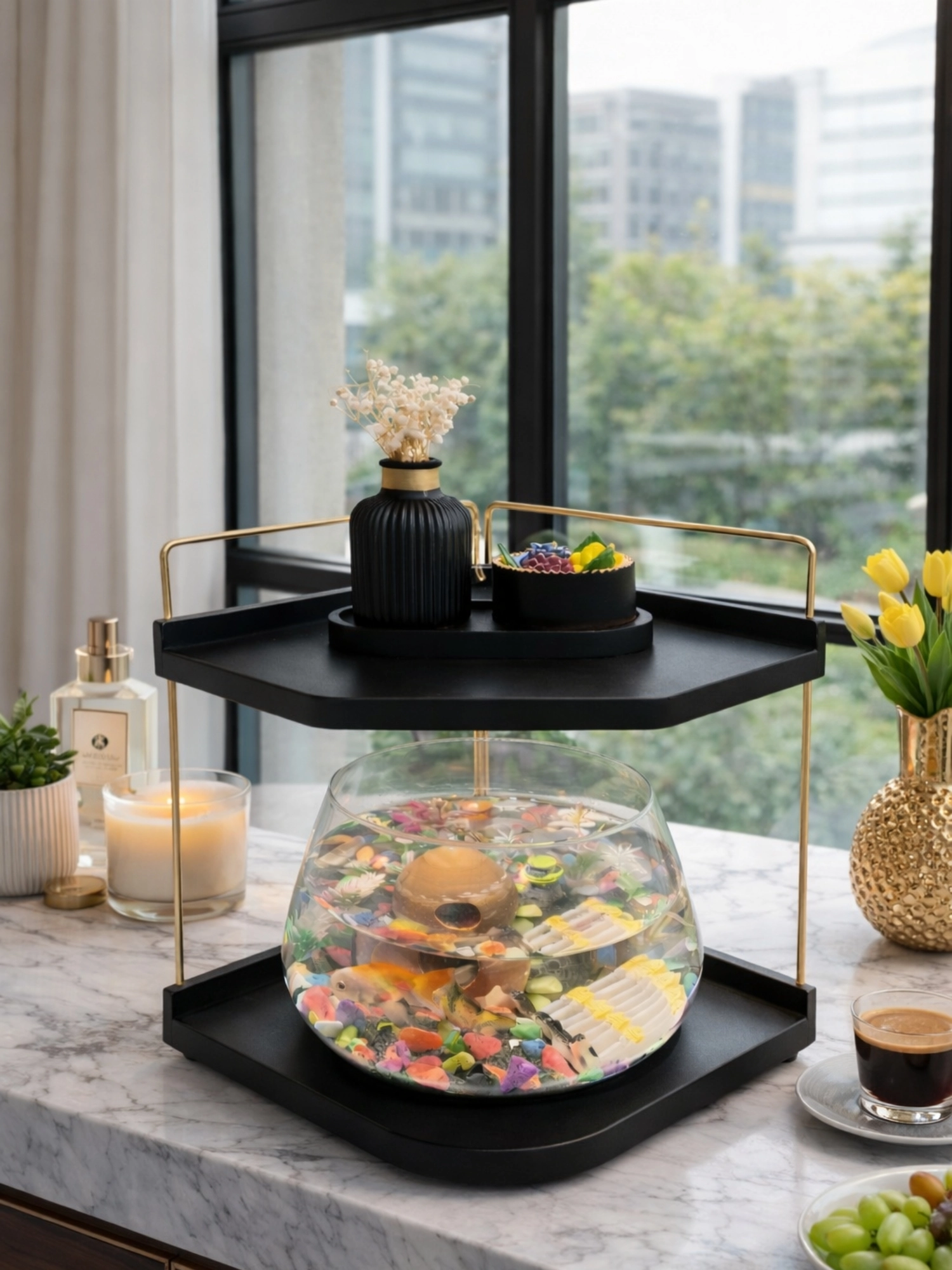 Led Işıklı Beta Akvaryumu & Fanusu, Dekoratif Masaüstü Cam Balık Fanusu Modern Tasarım