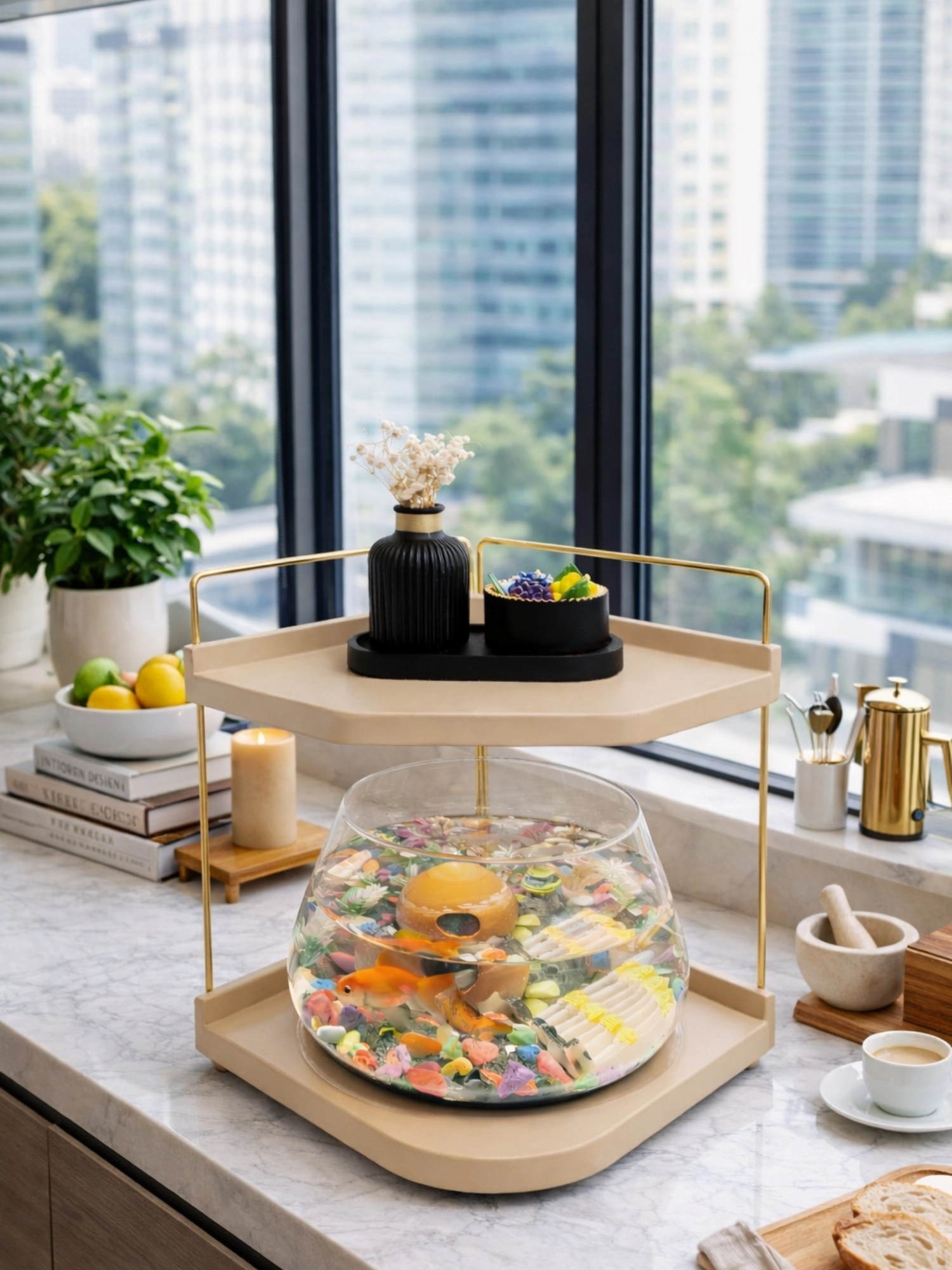 Beta Balıkları İçin Led Işıklı Dekoratif Akvaryum Fanusu Cam Tasarım