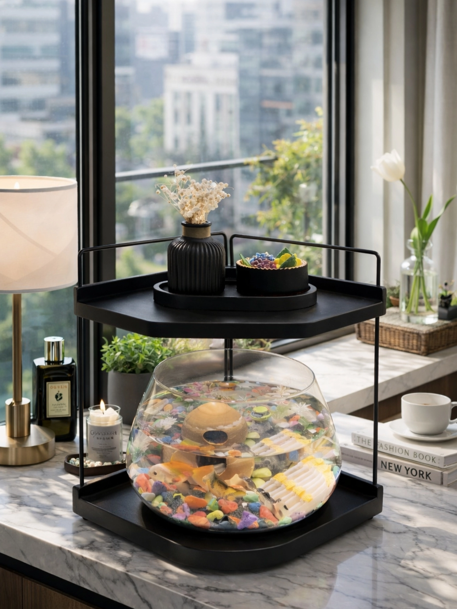 Beta Balığı İçin Led Işıklı Akvaryum Fanusu, Şık  Masaüstü Cam Tasarım