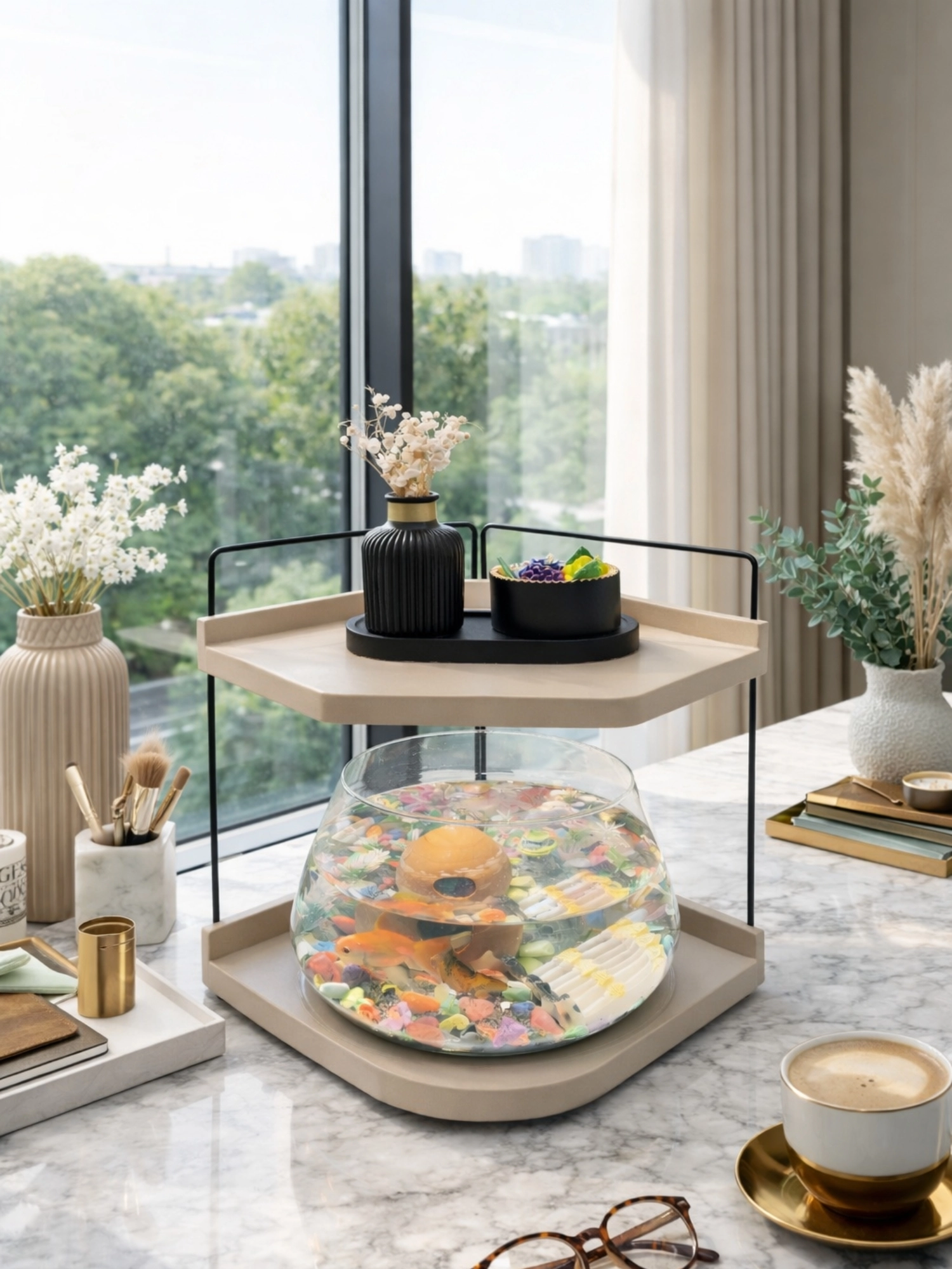  Led Işıklı Modern Cam Beta Akvaryumu, Masaüstü Dekoratif Fanus