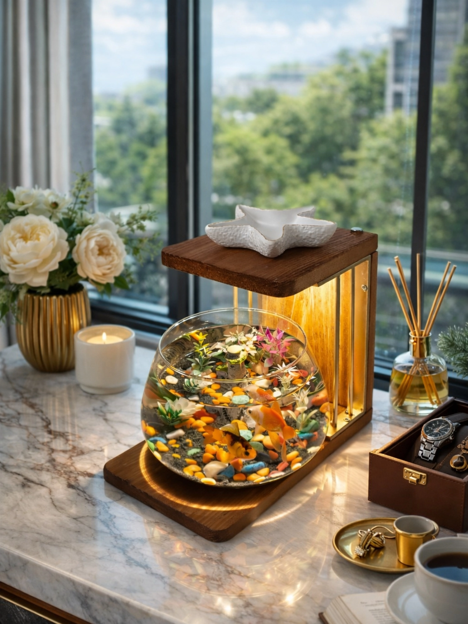 Beta Akvaryum Exclusive Cam Fanus – Işıklı, Modern ve Lüks Masa Üstü Aksesuar