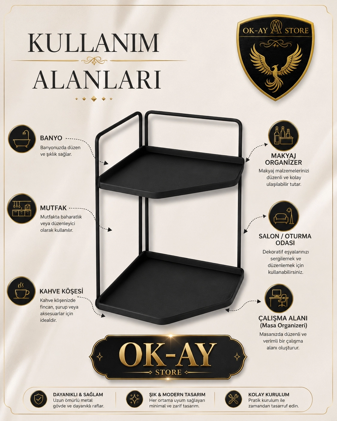 Banyo Rafı Çok Amaçlı Düzenleyici Tezgah Üstü Dekoratif 2 Katlı Raf 