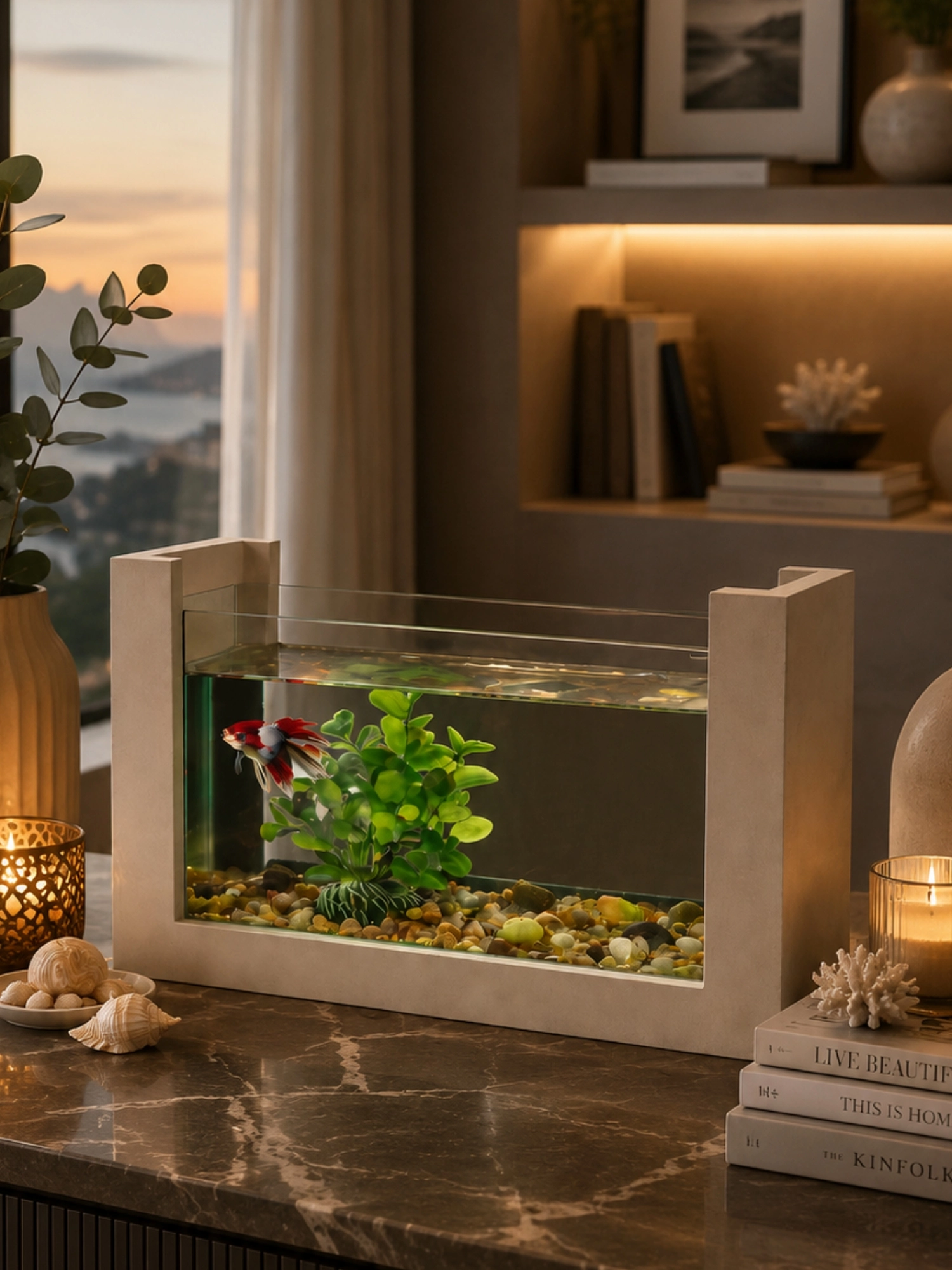 Beta Balığı İçin Ahşap Mini Akvaryum Modern Şık Doğal Minimal Tasarım