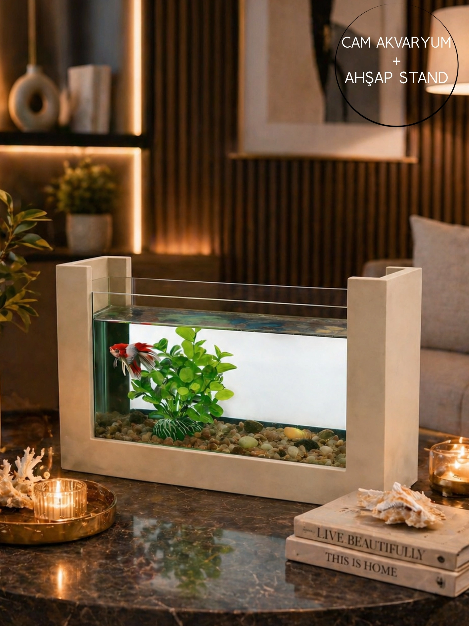 Beta Balığı İçin Ahşap Mini Akvaryum Modern Şık Doğal Minimal Tasarım