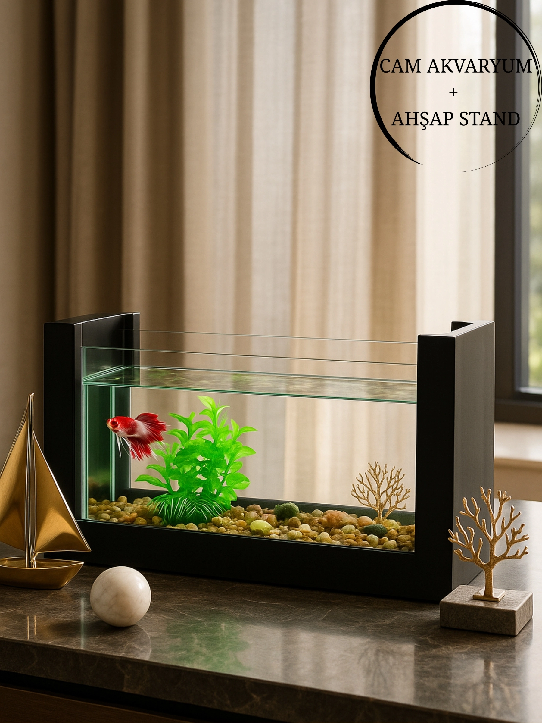 Beta Ahşap Hediyelik Balık Akvaryumu | Doğal Ahşap Şık ve Dayanıklı Modern Tasarım | Hediyelik Özel Seri