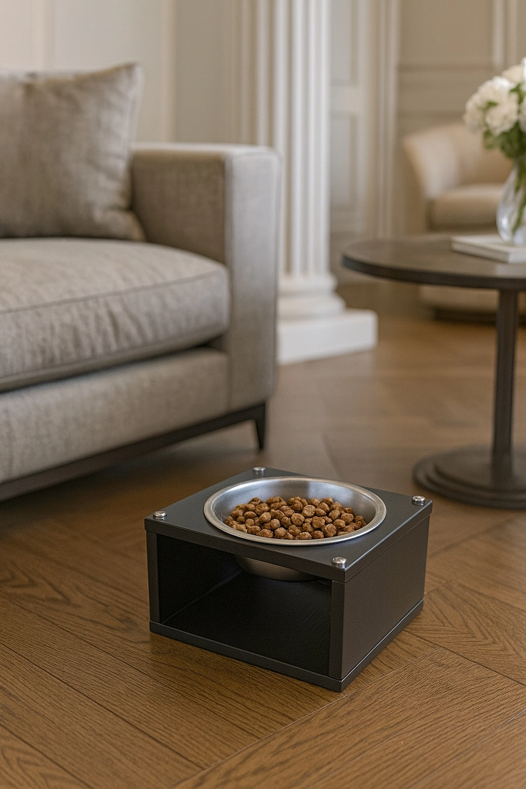 Modern Kedi Köpek Mama Standı Ahşap Gövde – Paslanmaz Çelik Kaseli Mama ve Su Standı Silvara Model