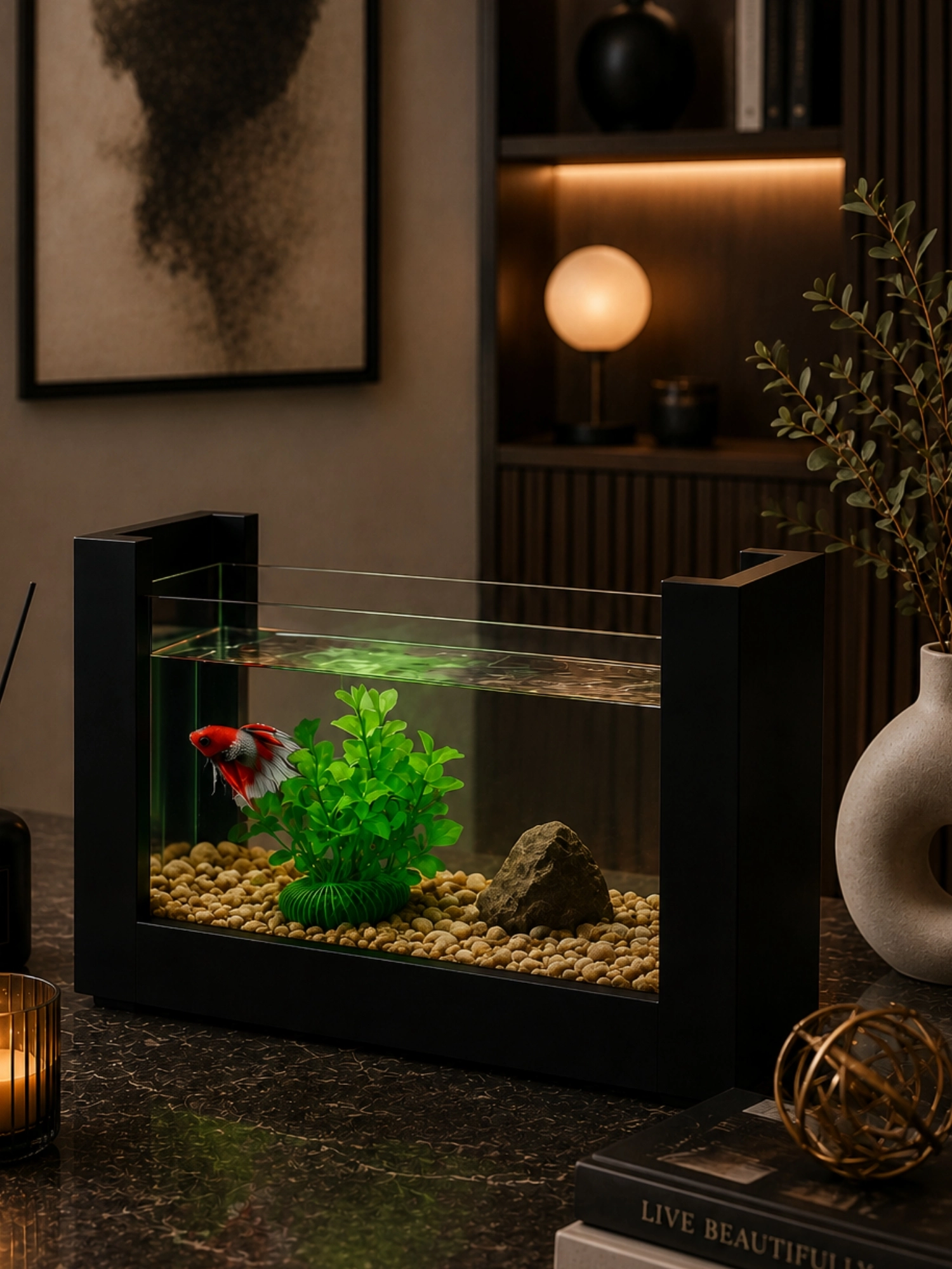 Beta Ahşap Hediyelik Balık Akvaryumu | Doğal Ahşap Şık ve Dayanıklı Modern Tasarım | Hediyelik Özel Seri