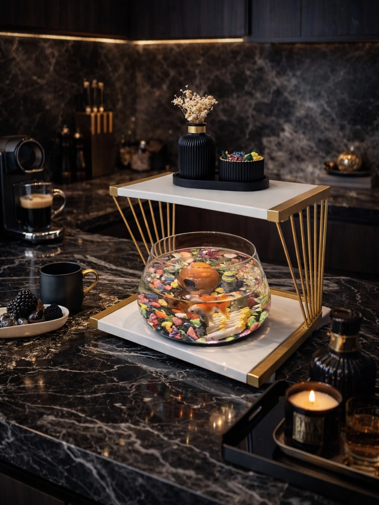 Özel Tasarım Cam Fanus Beta Balığı ile Dekoratif Akvaryum & Fanus Seti