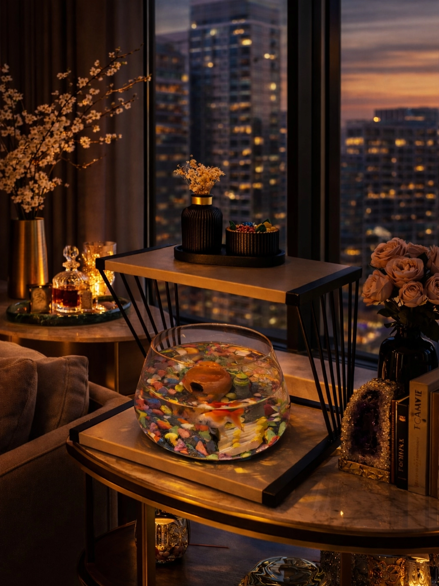 Minimal Lüks Tarzı Yansıtan Cam Fanus Beta Balığı Masa Üstü Akvaryumu