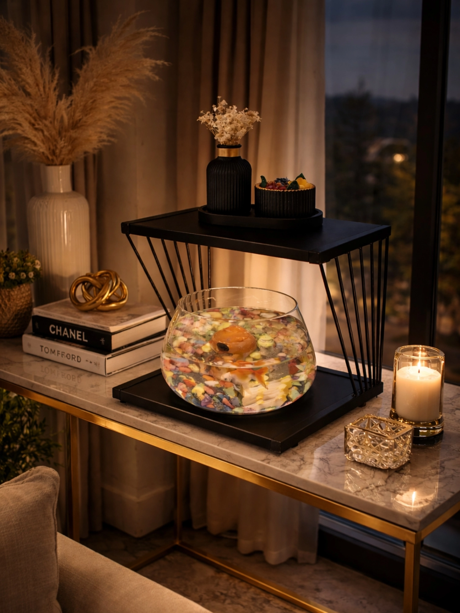  Işıklı Betta Akvaryum & Fanusu Modern Tasarım LED Aydınlatmalı Gold Temalı