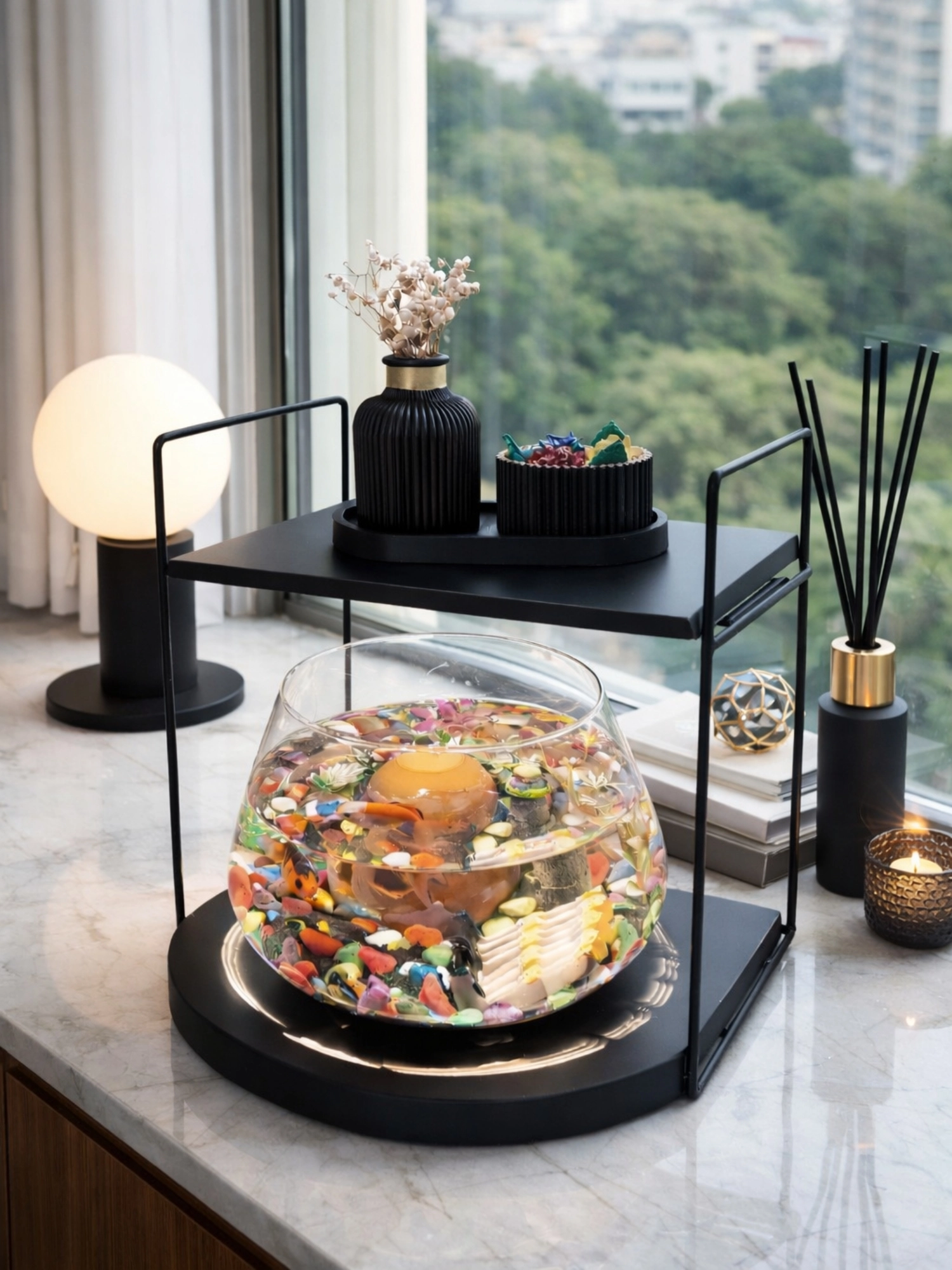 Lüks Cam Fanus İçinde Beta Balığı İçin Özel Tasarım Masa Üstü Dekoratif Akvaryum