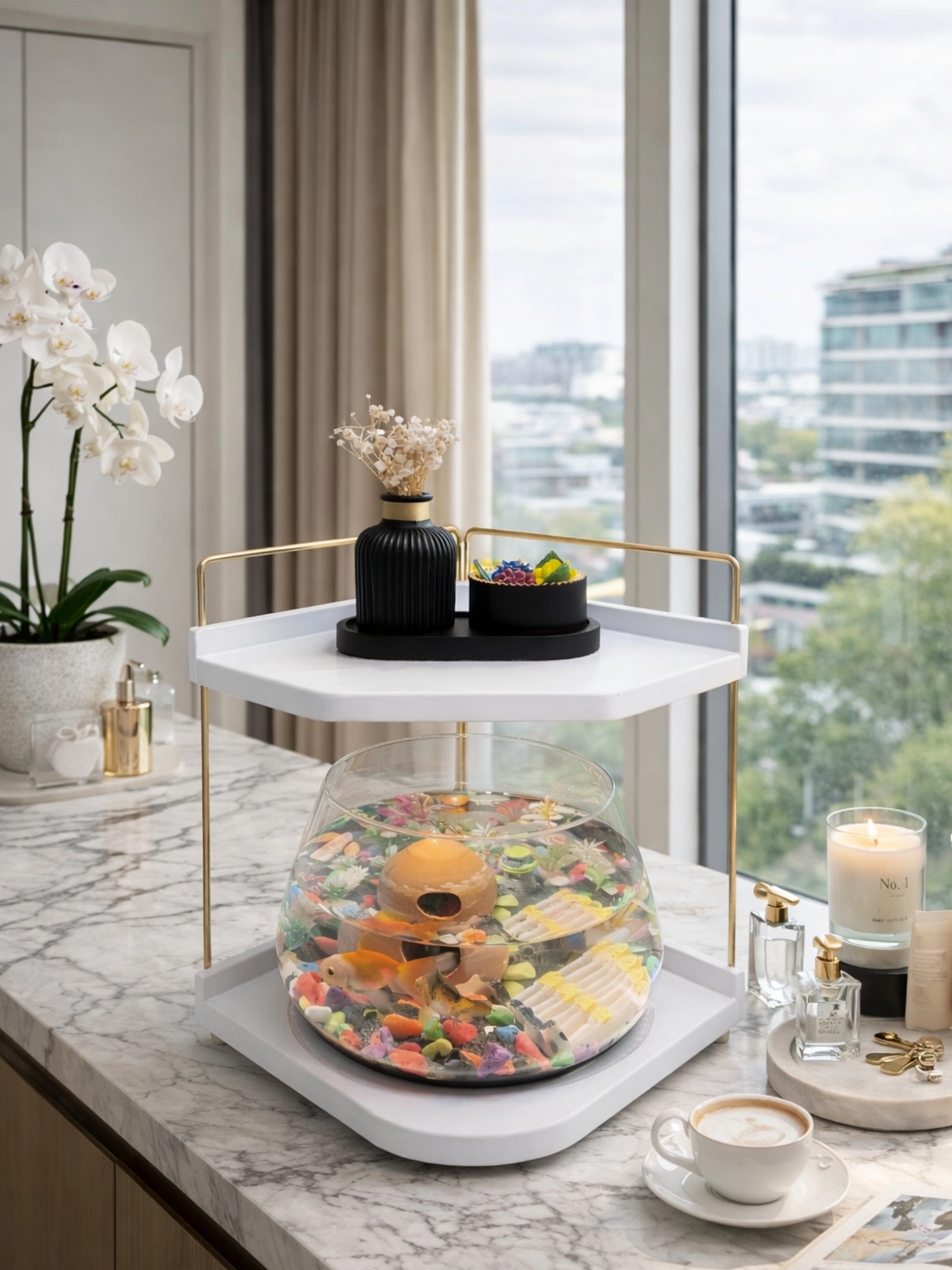 Led Işıklı Beta Akvaryumu & Fanusu, Dekoratif Masaüstü Cam Balık Fanusu Modern Tasarım