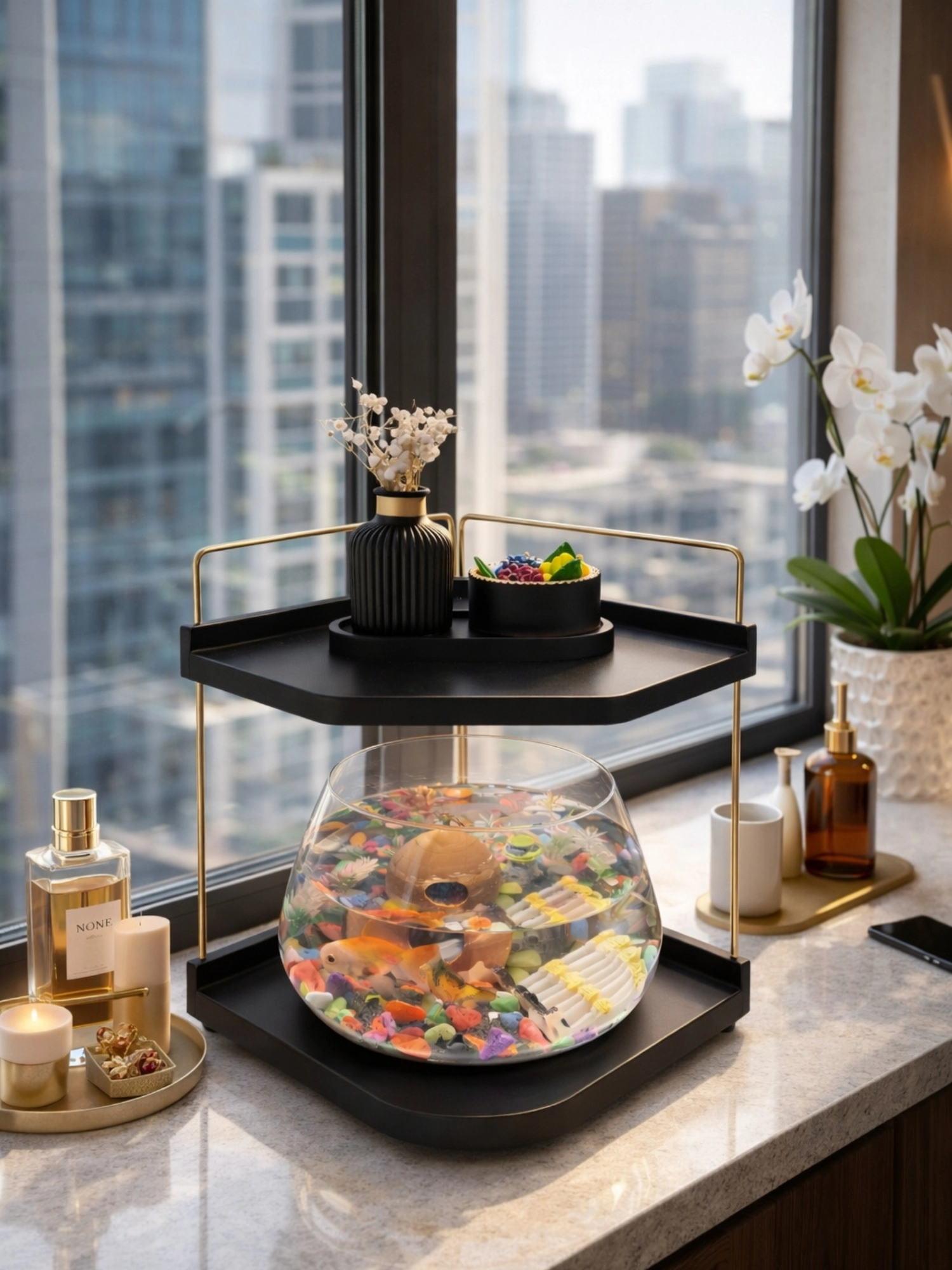 Led Işıklı Beta Akvaryumu & Fanusu, Dekoratif Masaüstü Cam Balık Fanusu Modern Tasarım