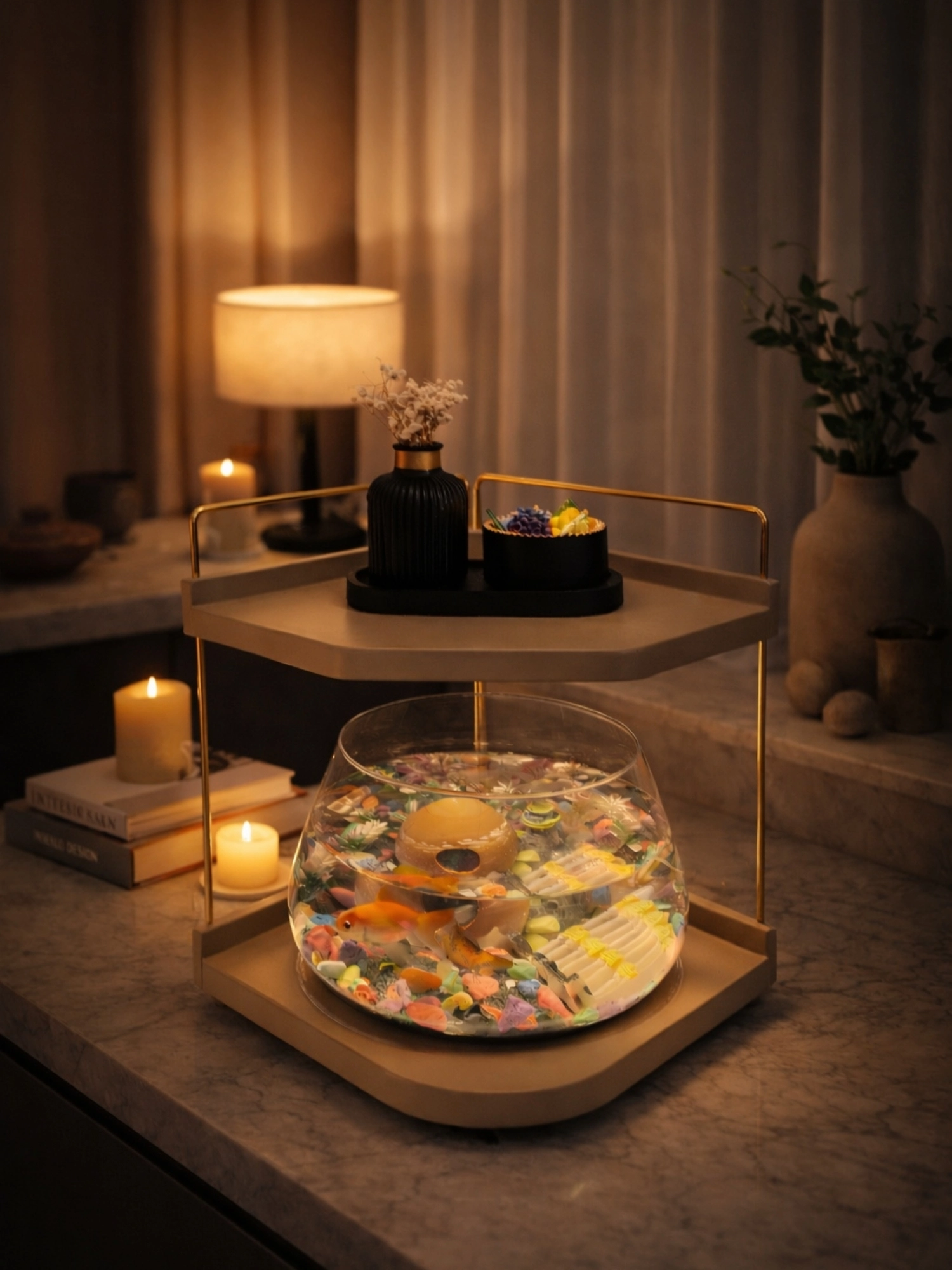 Beta Balıkları İçin Led Işıklı Dekoratif Akvaryum Fanusu Cam Tasarım