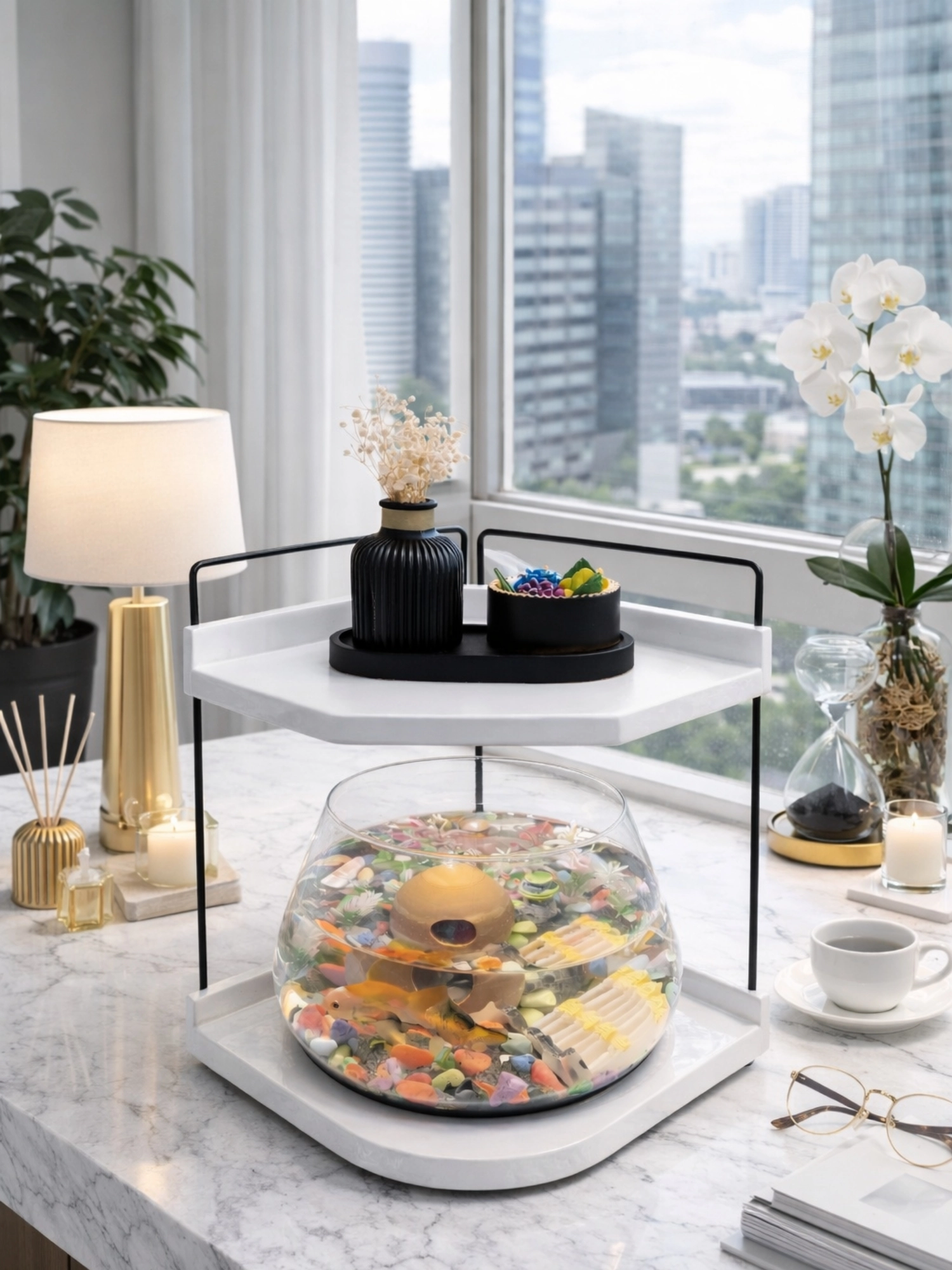 Cam Tasarımlı Led Işıklı Beta Fanusu, Dekoratif Masaüstü Akvaryum