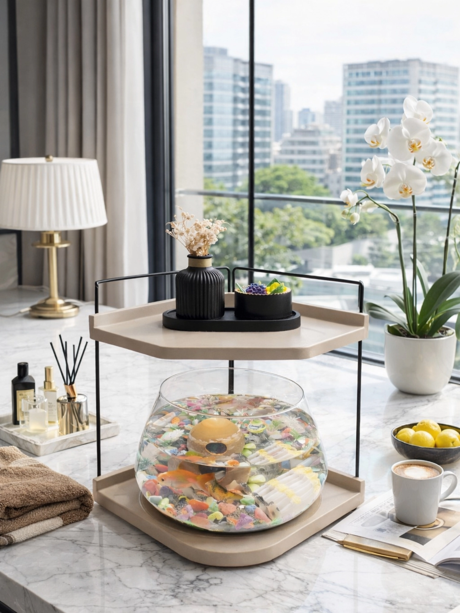  Led Işıklı Modern Cam Beta Akvaryumu, Masaüstü Dekoratif Fanus