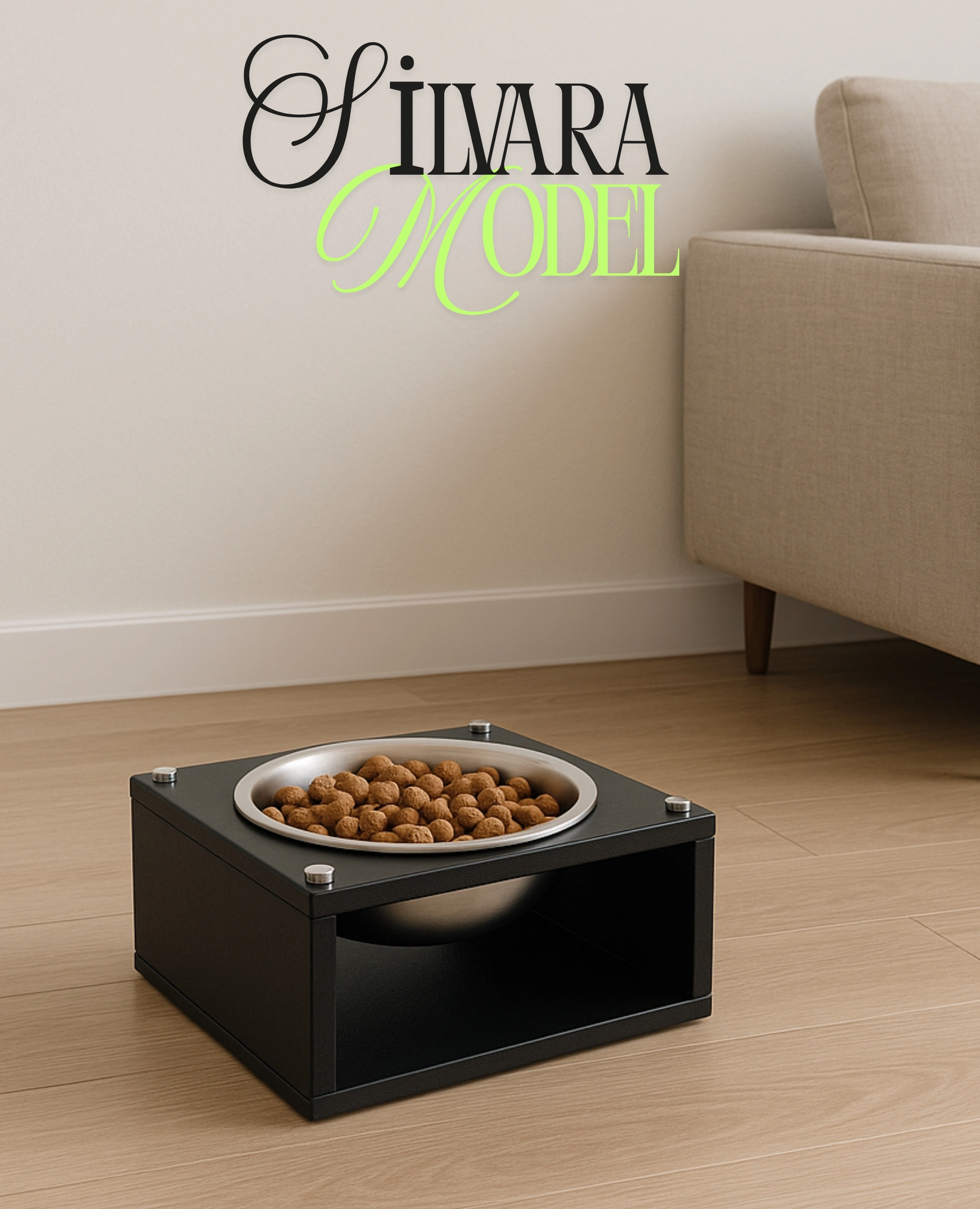 Modern Kedi Köpek Mama Standı Ahşap Gövde – Paslanmaz Çelik Kaseli Mama ve Su Standı Silvara Model