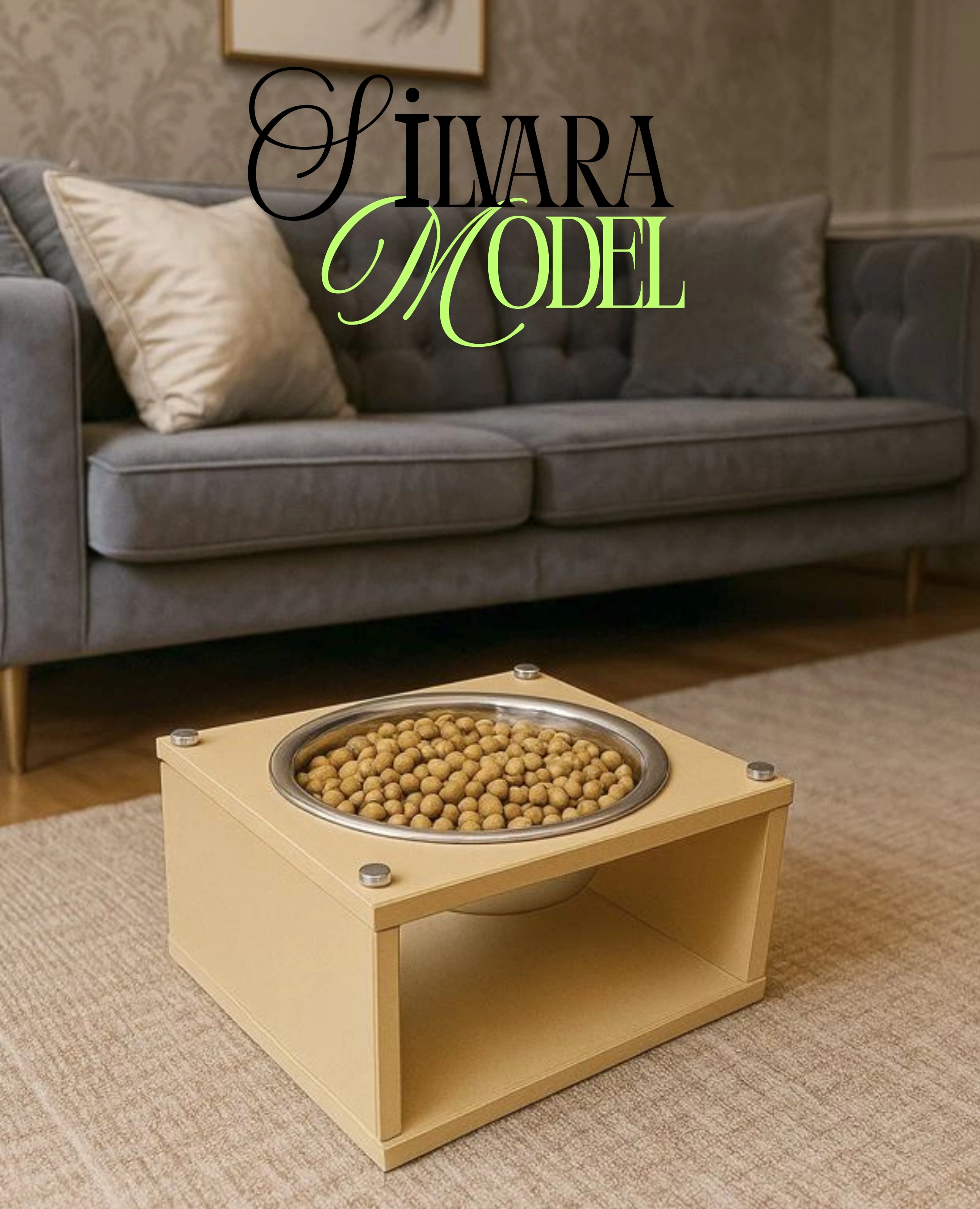 Modern Kedi Köpek Mama Standı Ahşap Gövde – Paslanmaz Çelik Kaseli Mama ve Su Standı Silvara Model