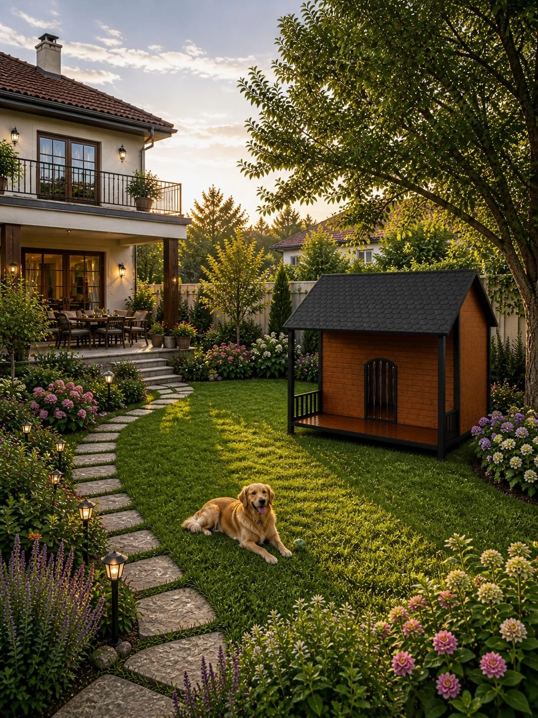 MNK 4613 Büyük Boy Köpek Kulübesi Ahşap Kaplamalı Dört Mevsim Dış Mekan Kullanımı
