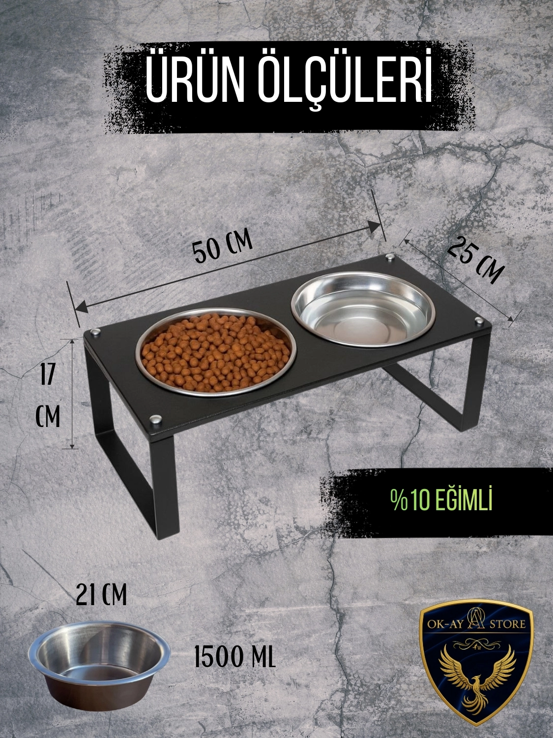 %10 Eğimli XL Model Mama ve Su Standı | Sağlam Metal ve Ahşap Gövde, Paslanmaz Çelik Kaplar