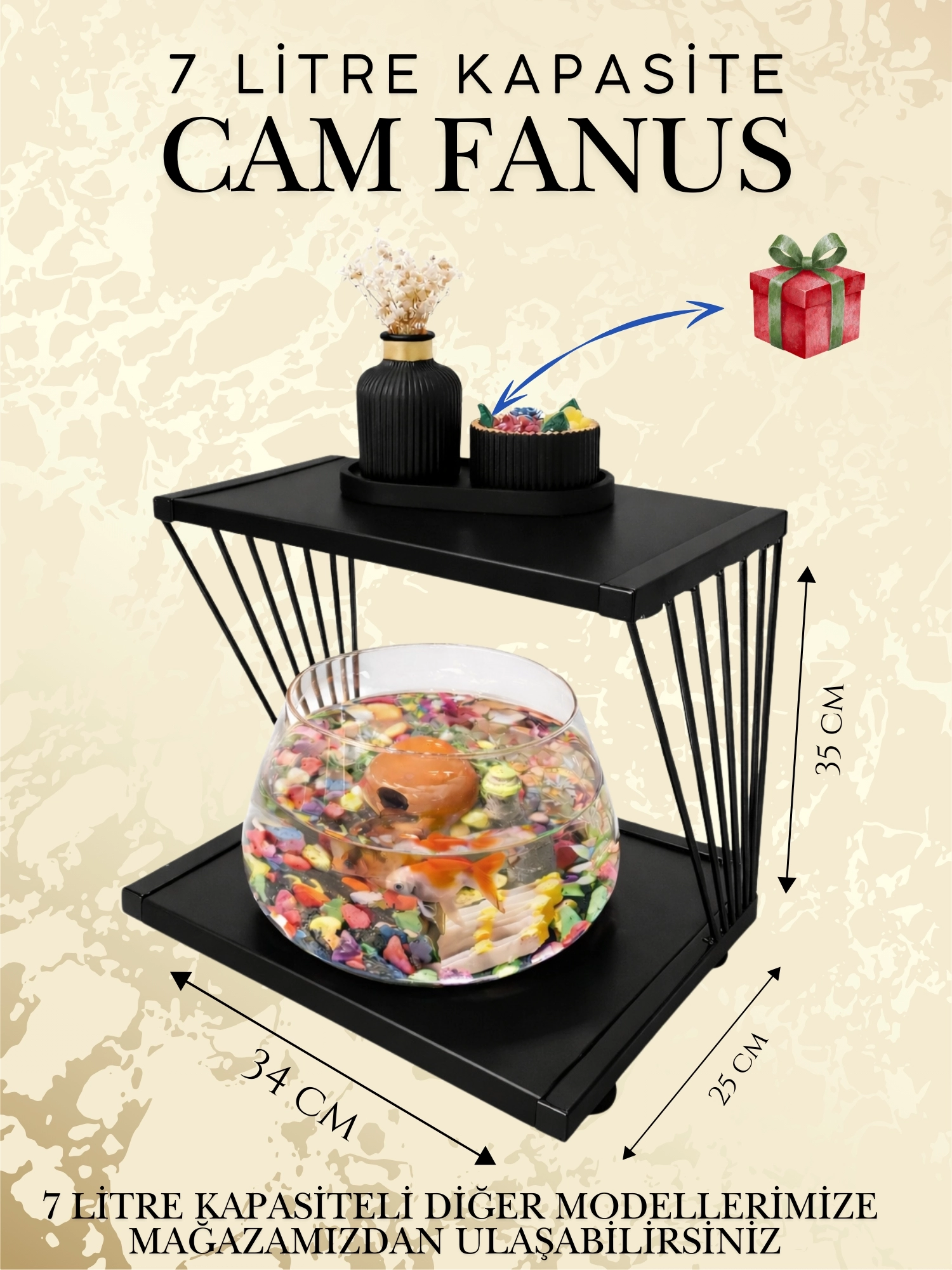  Işıklı Betta Akvaryum & Fanusu Modern Tasarım LED Aydınlatmalı Gold Temalı