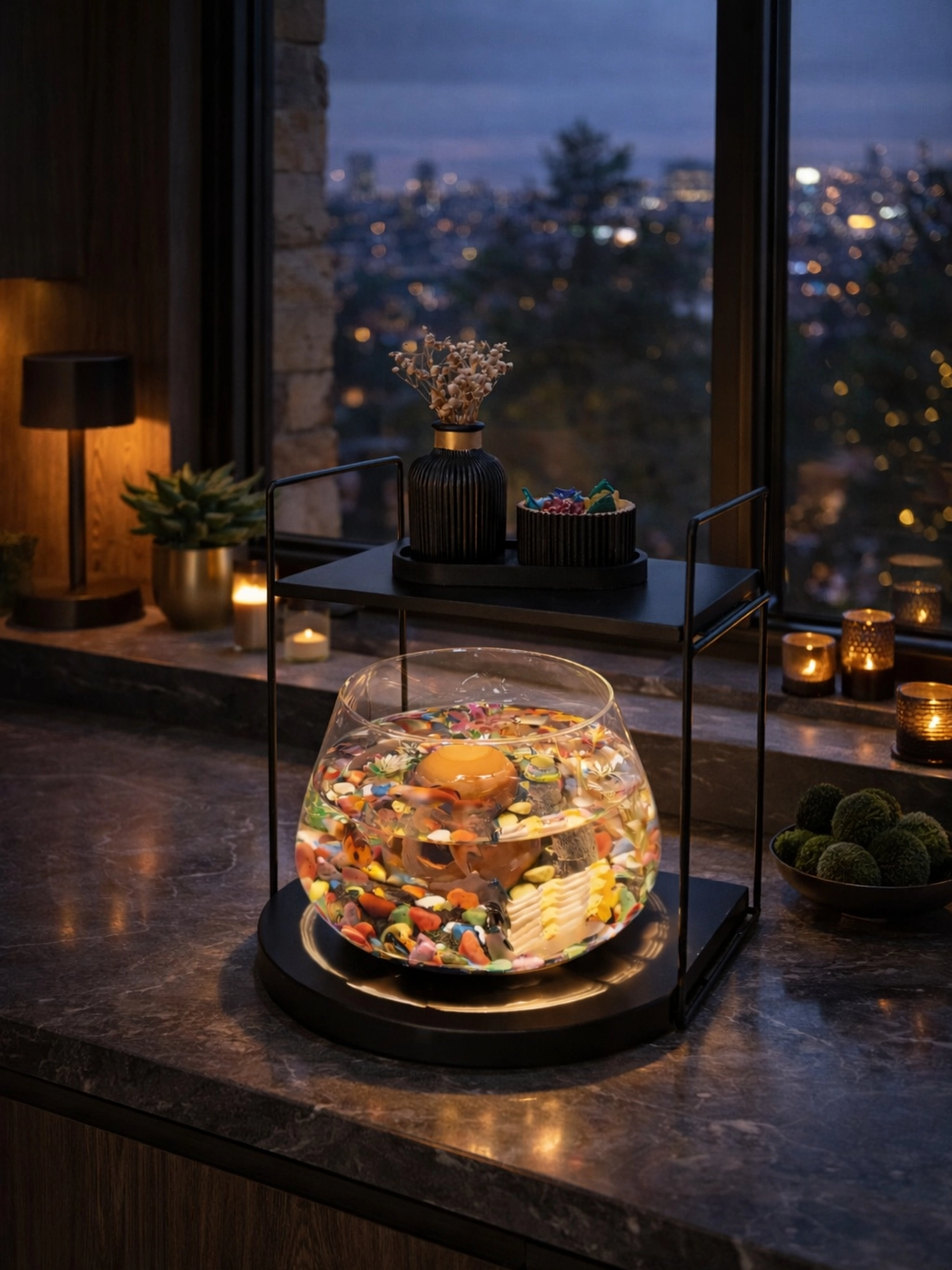 Lüks Cam Fanus İçinde Beta Balığı İçin Özel Tasarım Masa Üstü Dekoratif Akvaryum