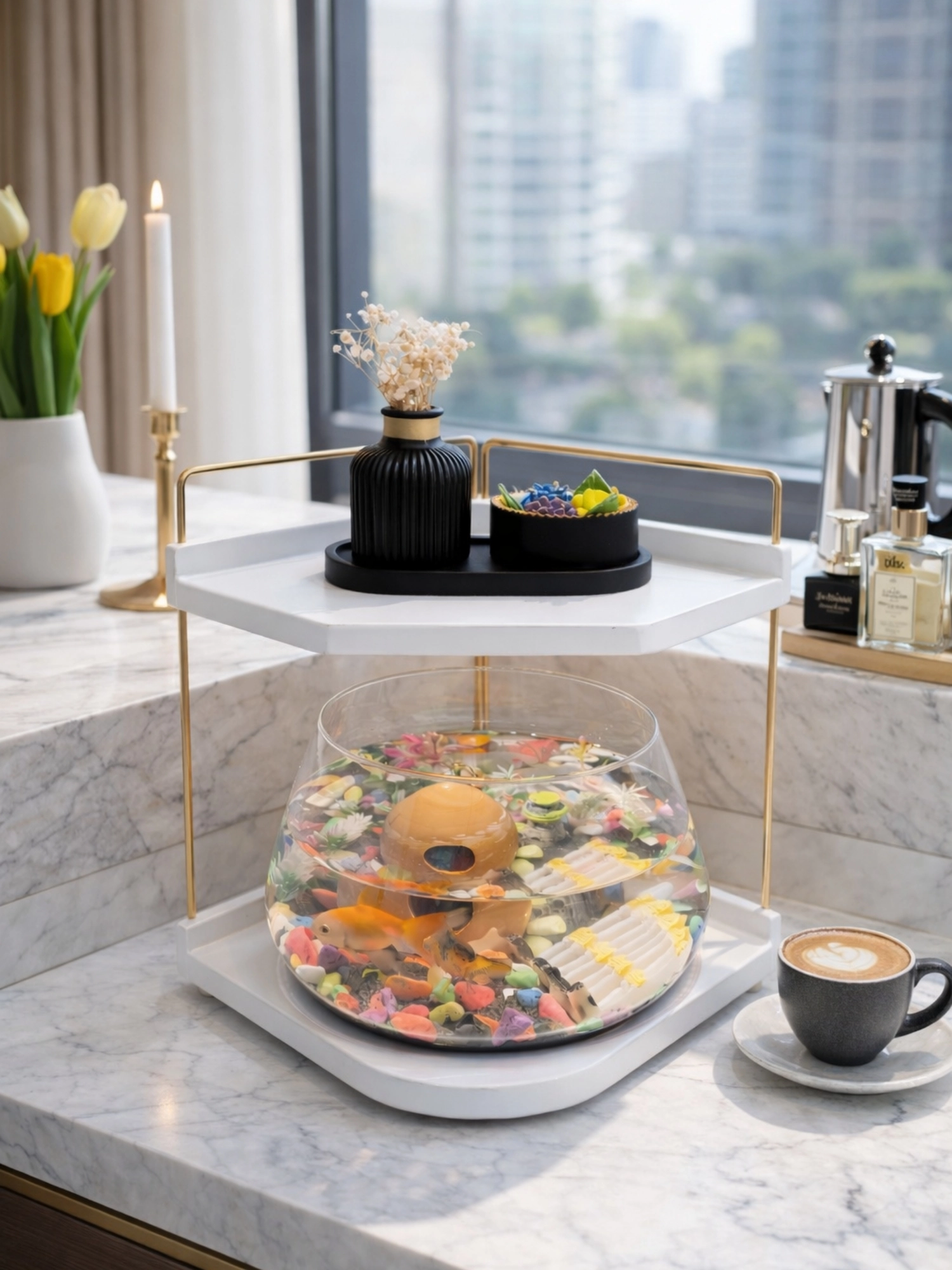 Led Işıklı Beta Akvaryumu & Fanusu, Dekoratif Masaüstü Cam Balık Fanusu Modern Tasarım