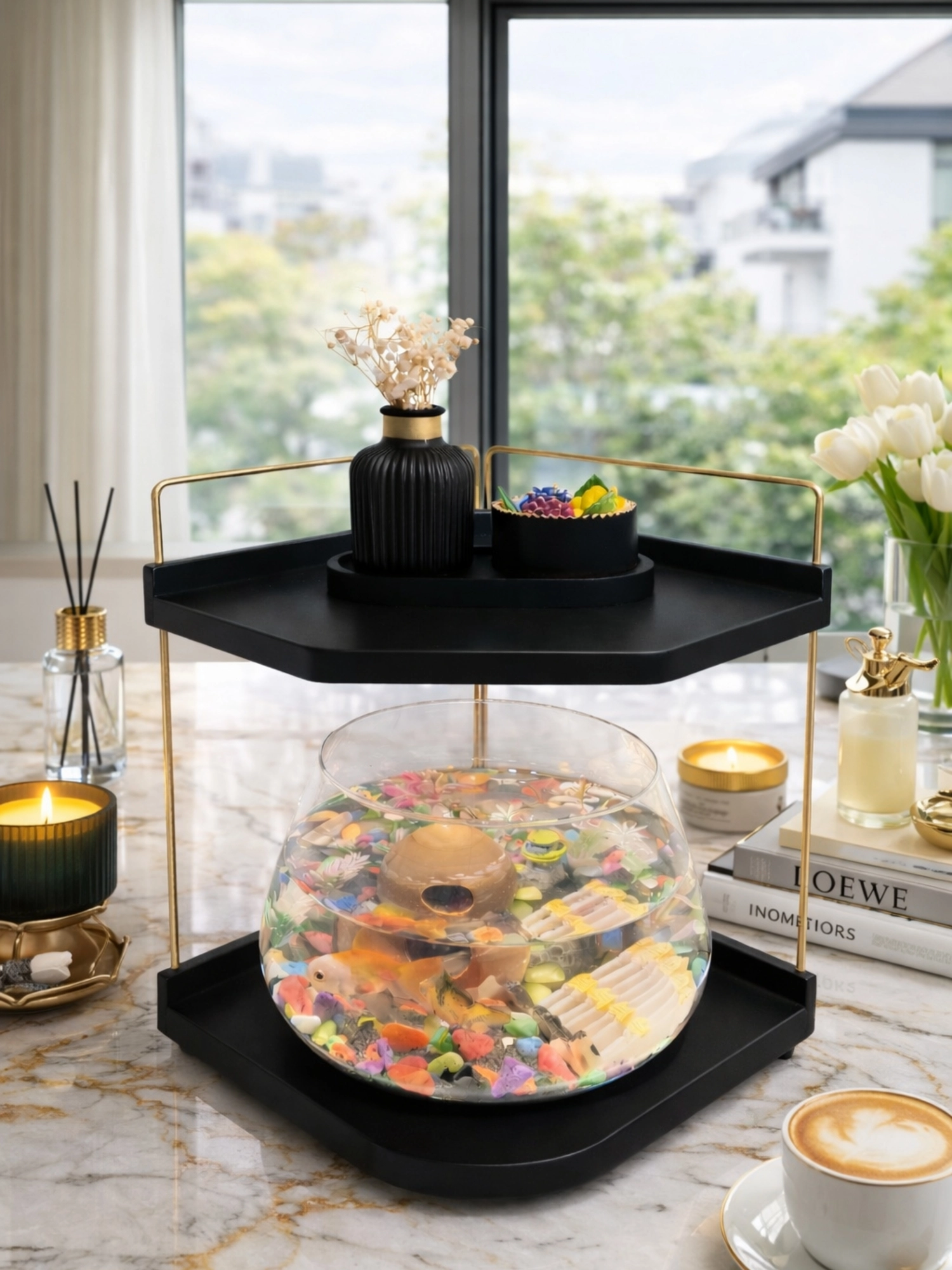 Led Işıklı Beta Akvaryumu & Fanusu, Dekoratif Masaüstü Cam Balık Fanusu Modern Tasarım