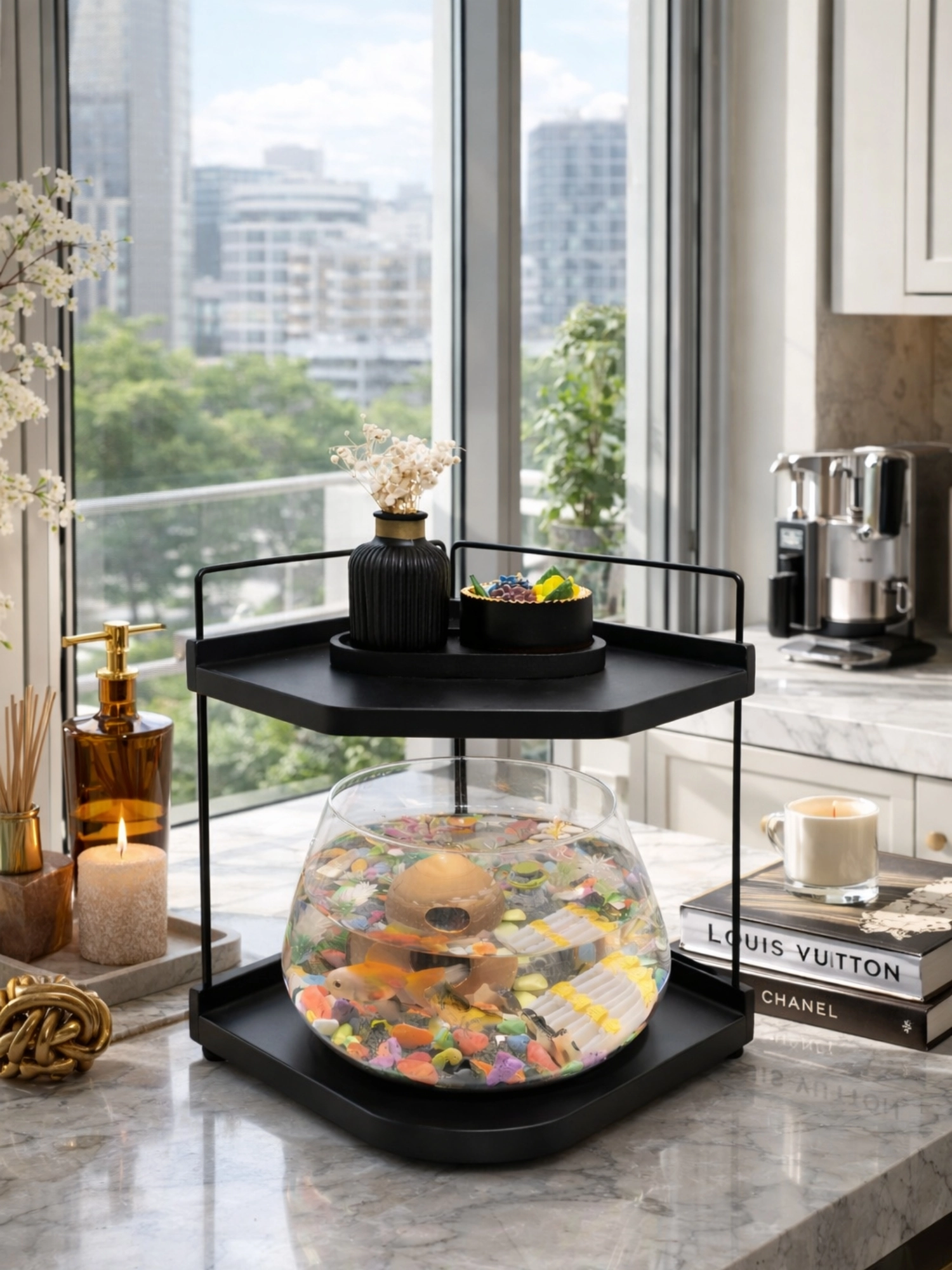 Beta Balığı İçin Led Işıklı Akvaryum Fanusu, Şık  Masaüstü Cam Tasarım