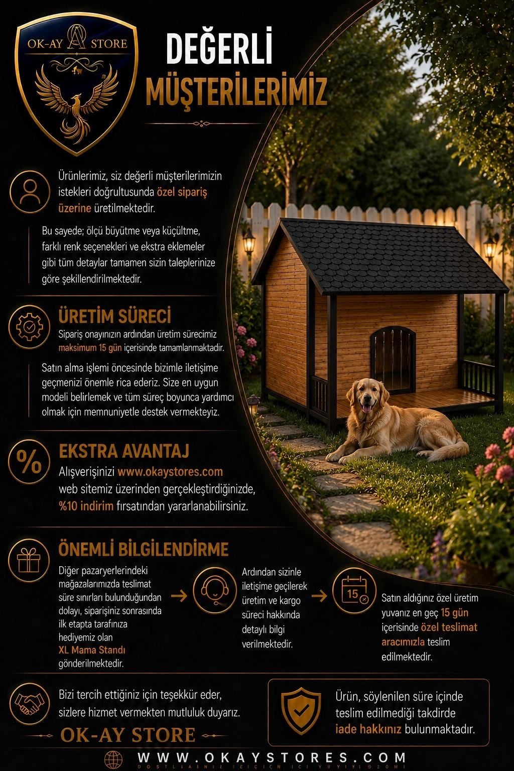 MNK 4613 Büyük Boy Köpek Kulübesi Ahşap Kaplamalı Dört Mevsim Dış Mekan Kullanımı